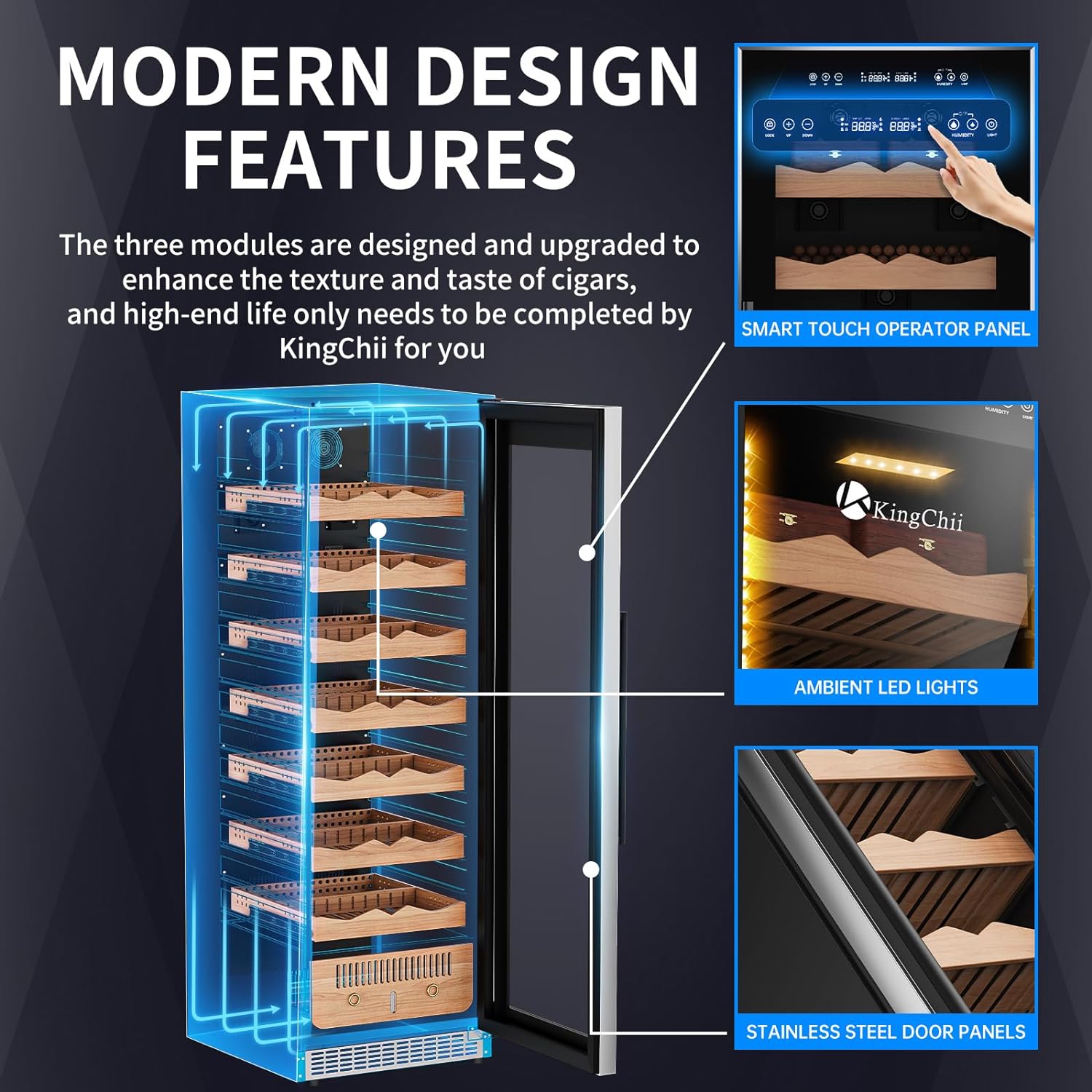 KingChii® Upgrade 425L Electric Cigar Humidor Temperature & Humidity Control, Built-in Humidification System with Spanish Cedar Wood Shelves & Drawer Hygrometer Father's Day Gift For Men(2200 Capacity)