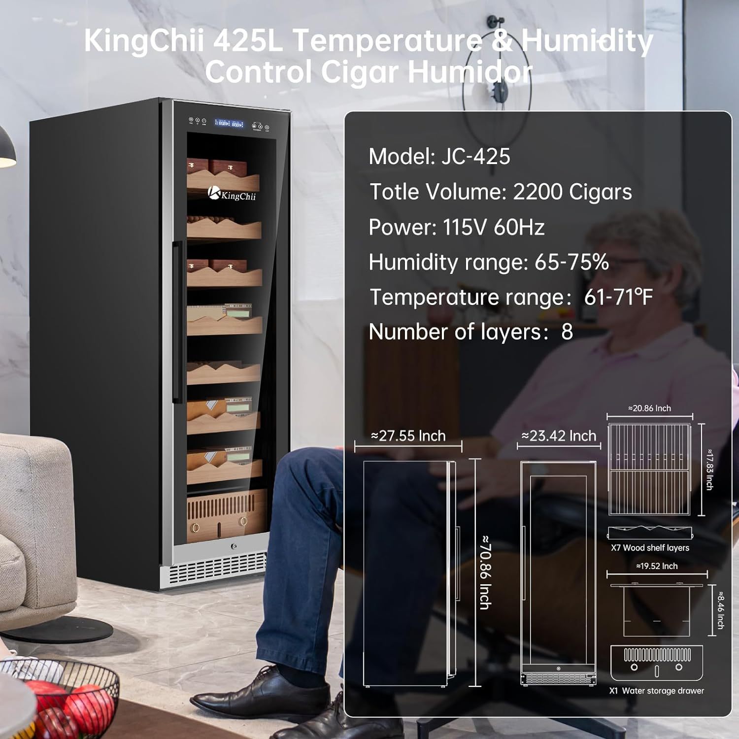 KingChii® Upgrade 425L Electric Cigar Humidor Temperature & Humidity Control, Built-in Humidification System with Spanish Cedar Wood Shelves & Drawer Hygrometer Father's Day Gift For Men(2200 Capacity)