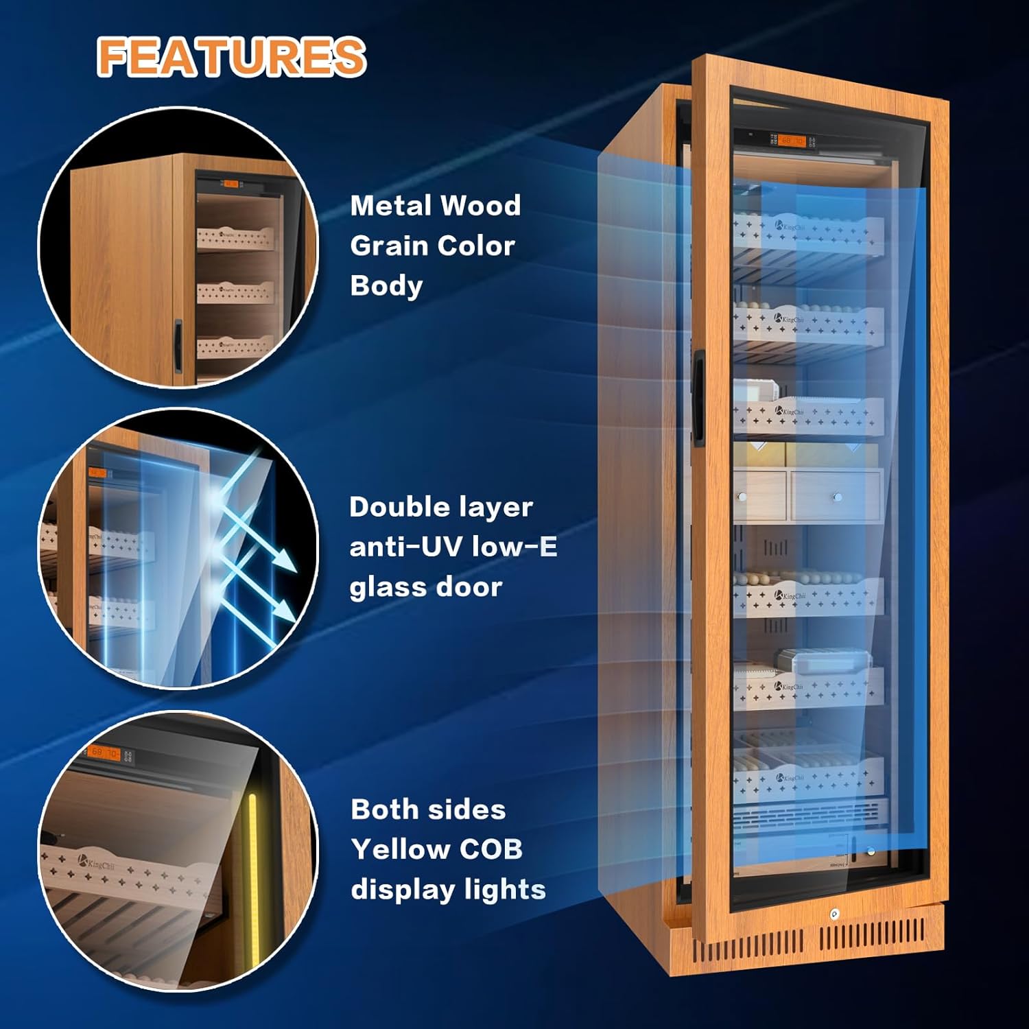 Kingchii® 430L Humidor 3500 Cigars, Temperature & Humidity Control, Double Layer Anti-UV Low-E Wood Frame & Glass Door, LED Digital Temperature & Humidity Display, Spanish Cedar Wood Shelves & Humidity Box