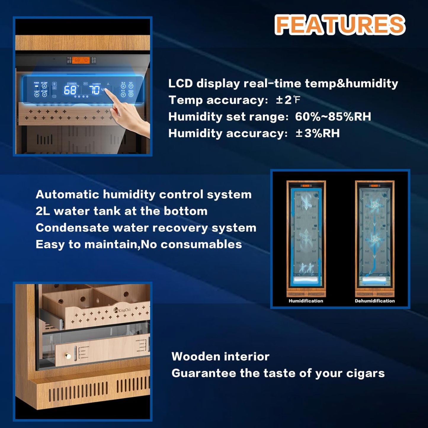 Kingchii® 430L Humidor 3500 Cigars, Temperature & Humidity Control, Double Layer Anti-UV Low-E Wood Frame & Glass Door, LED Digital Temperature & Humidity Display, Spanish Cedar Wood Shelves & Humidity Box