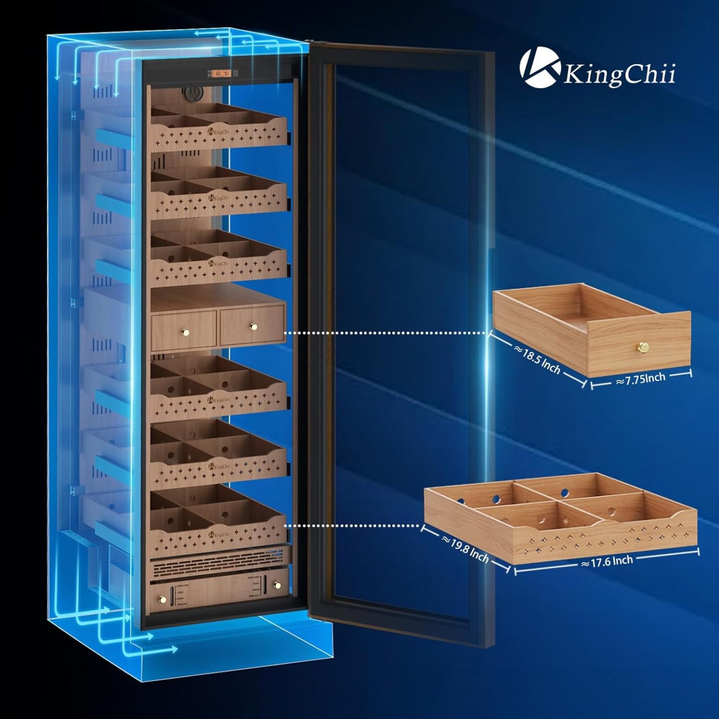 Kingchii® 430L Humidor 3500 Cigars, Temperature & Humidity Control, Double Layer Anti-UV Low-E Wood Frame & Glass Door, LED Digital Temperature & Humidity Display, Spanish Cedar Wood Shelves & Humidity Box