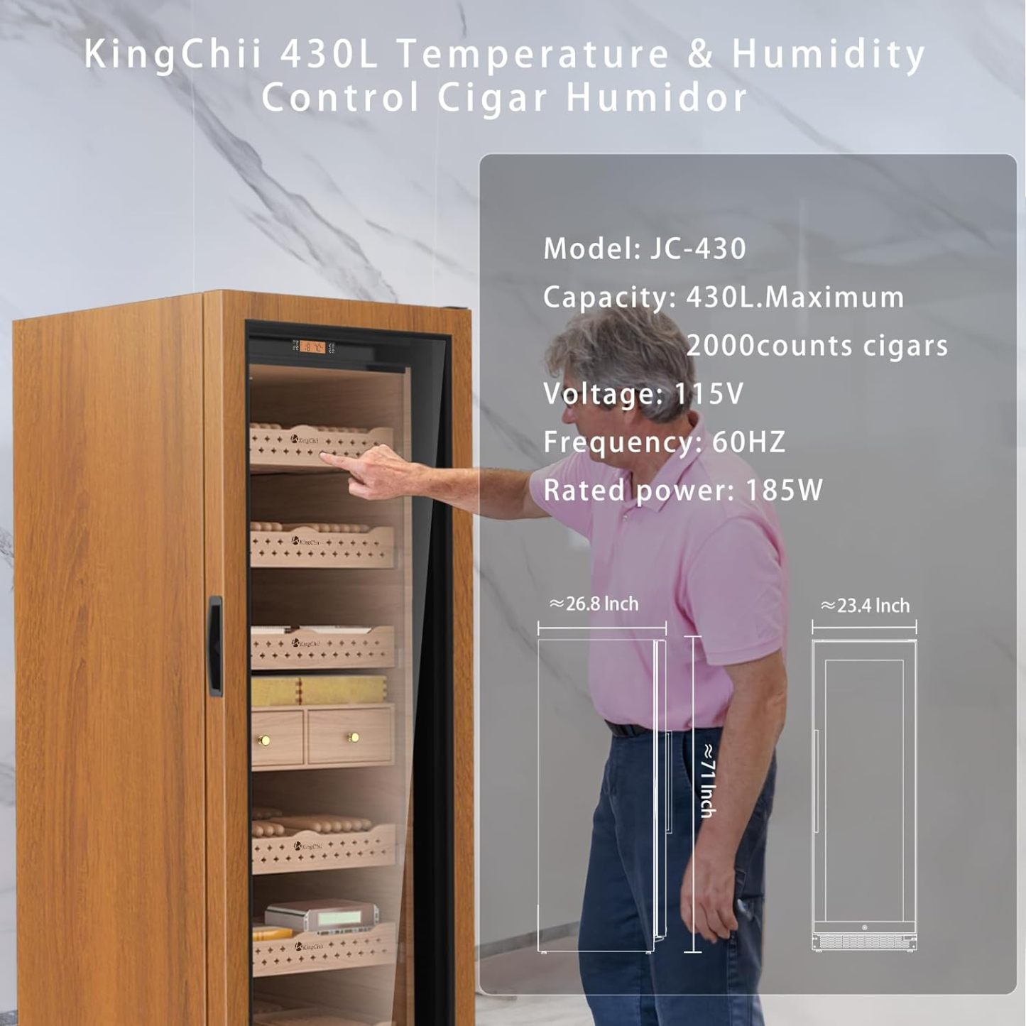 Kingchii® 430L Humidor 3500 Cigars, Temperature & Humidity Control, Double Layer Anti-UV Low-E Wood Frame & Glass Door, LED Digital Temperature & Humidity Display, Spanish Cedar Wood Shelves & Humidity Box