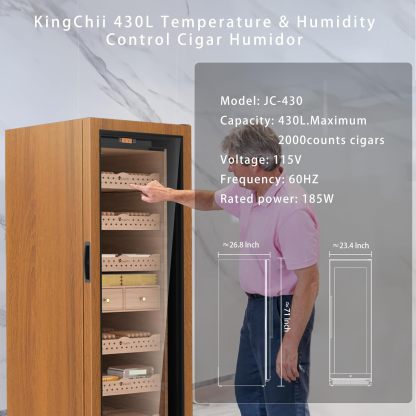 Kingchii® 430L Humidor 3500 Cigars, Temperature & Humidity Control, Double Layer Anti-UV Low-E Wood Frame & Glass Door, LED Digital Temperature & Humidity Display, Spanish Cedar Wood Shelves & Humidity Box