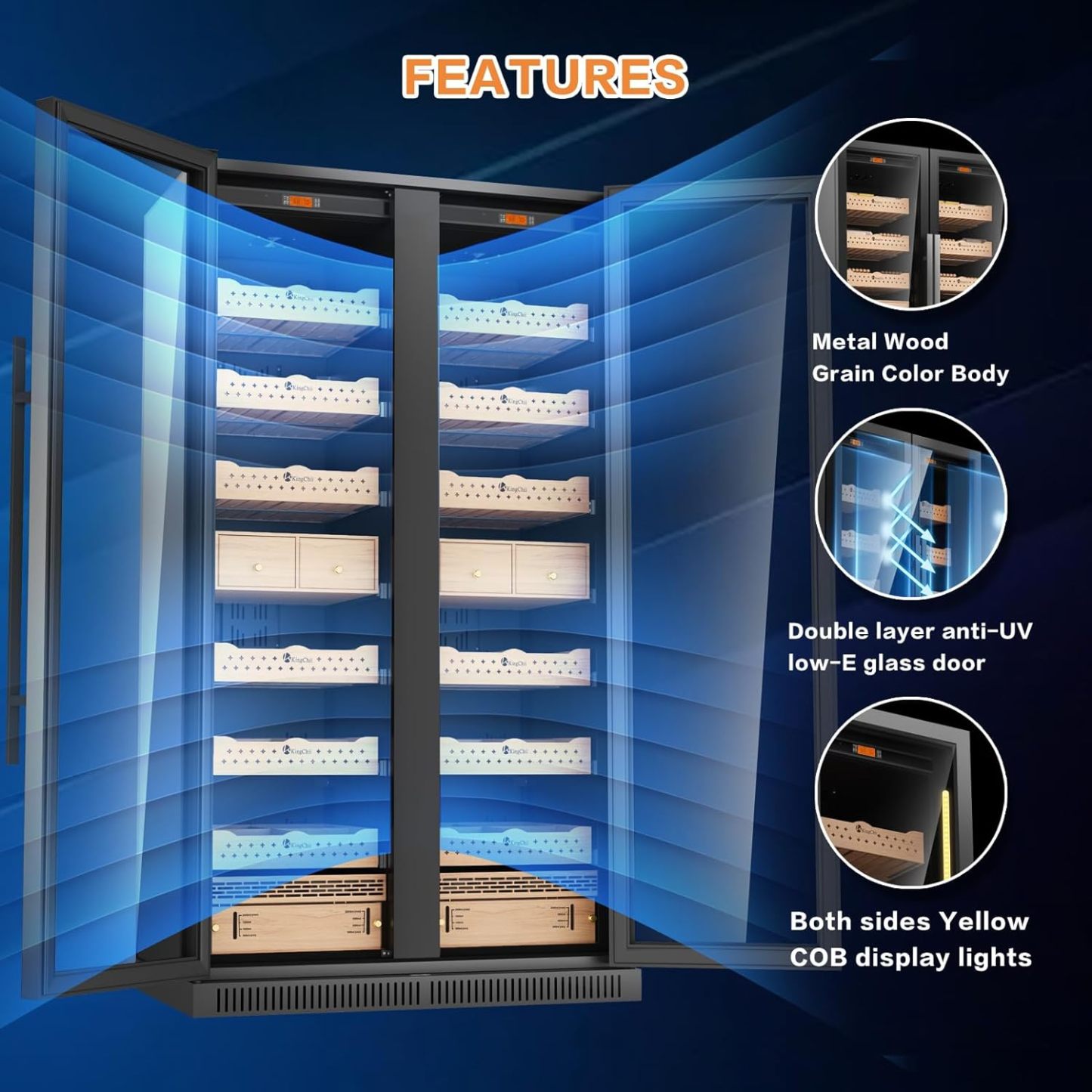 Kingchii® 860L Humidor 5000 Cigars, Temperature & Humidity Control ,Double Layer Anti-UV Low-E Stainless Frame & Glass Double-Door, LED Digital Temperature & Humidity Display, Spanish Cedar Wood Shelves & Humidity Box