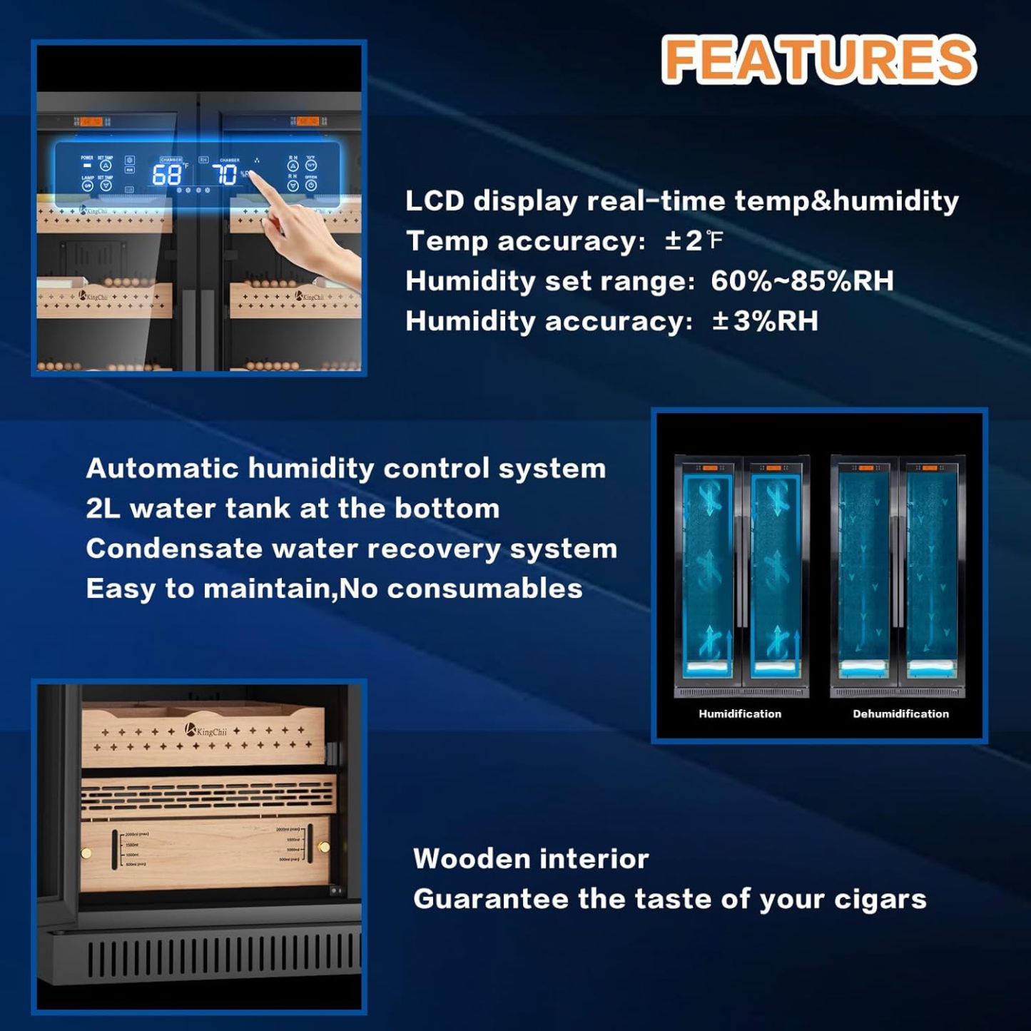 Kingchii® 860L Humidor 5000 Cigars, Temperature & Humidity Control ,Double Layer Anti-UV Low-E Stainless Frame & Glass Double-Door, LED Digital Temperature & Humidity Display, Spanish Cedar Wood Shelves & Humidity Box