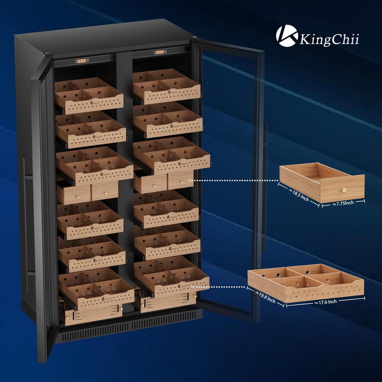 Kingchii® 860L Humidor 5000 Cigars, Temperature & Humidity Control ,Double Layer Anti-UV Low-E Stainless Frame & Glass Double-Door, LED Digital Temperature & Humidity Display, Spanish Cedar Wood Shelves & Humidity Box