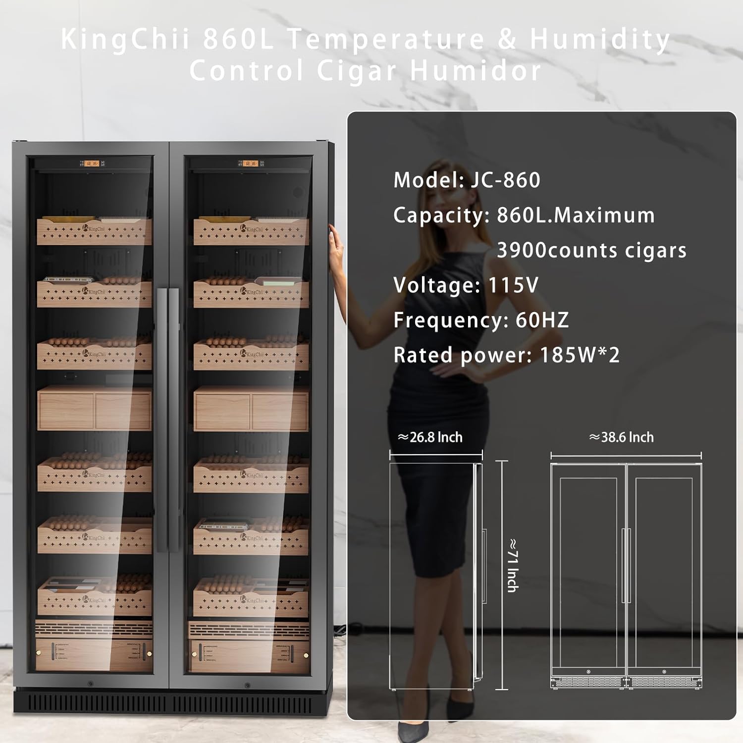 Kingchii® 860L Humidor 5000 Cigars, Temperature & Humidity Control ,Double Layer Anti-UV Low-E Stainless Frame & Glass Double-Door, LED Digital Temperature & Humidity Display, Spanish Cedar Wood Shelves & Humidity Box