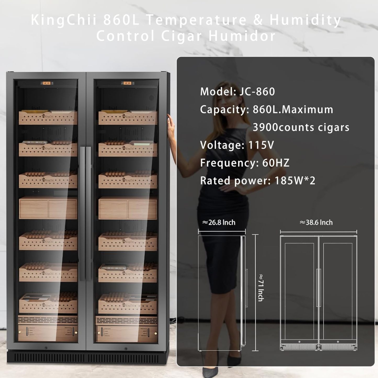 Kingchii® 860L Humidor 5000 Cigars, Temperature & Humidity Control ,Double Layer Anti-UV Low-E Stainless Frame & Glass Double-Door, LED Digital Temperature & Humidity Display, Spanish Cedar Wood Shelves & Humidity Box
