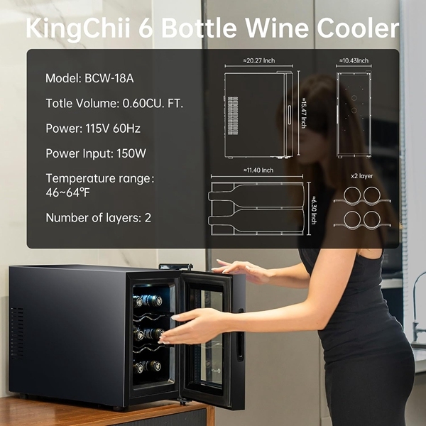 KingChii® 6 Bottles Thermoelectric Wine Cooler Refrigerator Advanced Cooling Technology, Stainless Steel & Tempered Glass For Red Wine, Champagne for Home, Kitchen, or Office