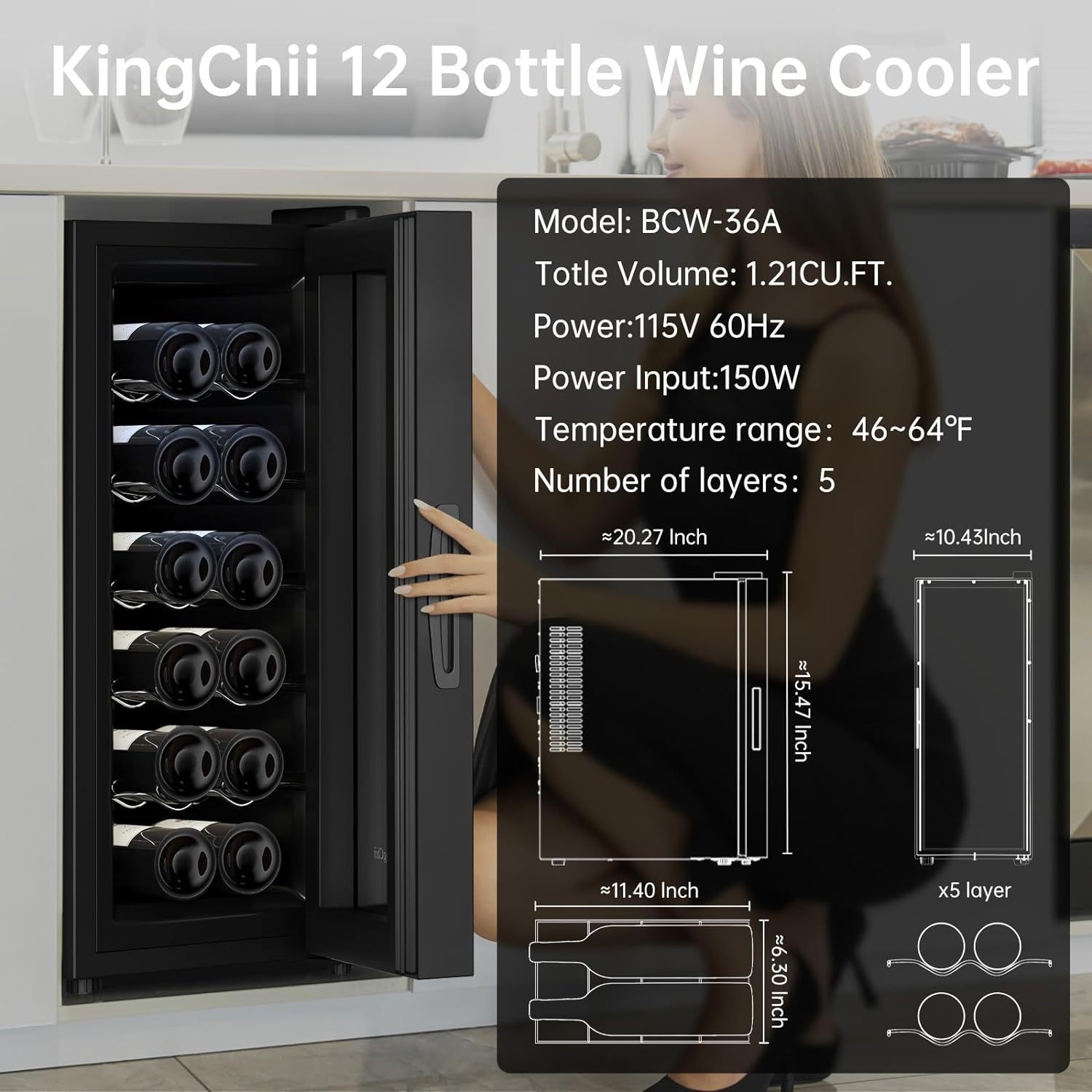KingChii® 12 Bottles Thermoelectric Wine Cooler Refrigerator Advanced Cooling Technology, Stainless Steel & Tempered Glass For Red Wine, Champagne for Home, Kitchen, or Office
