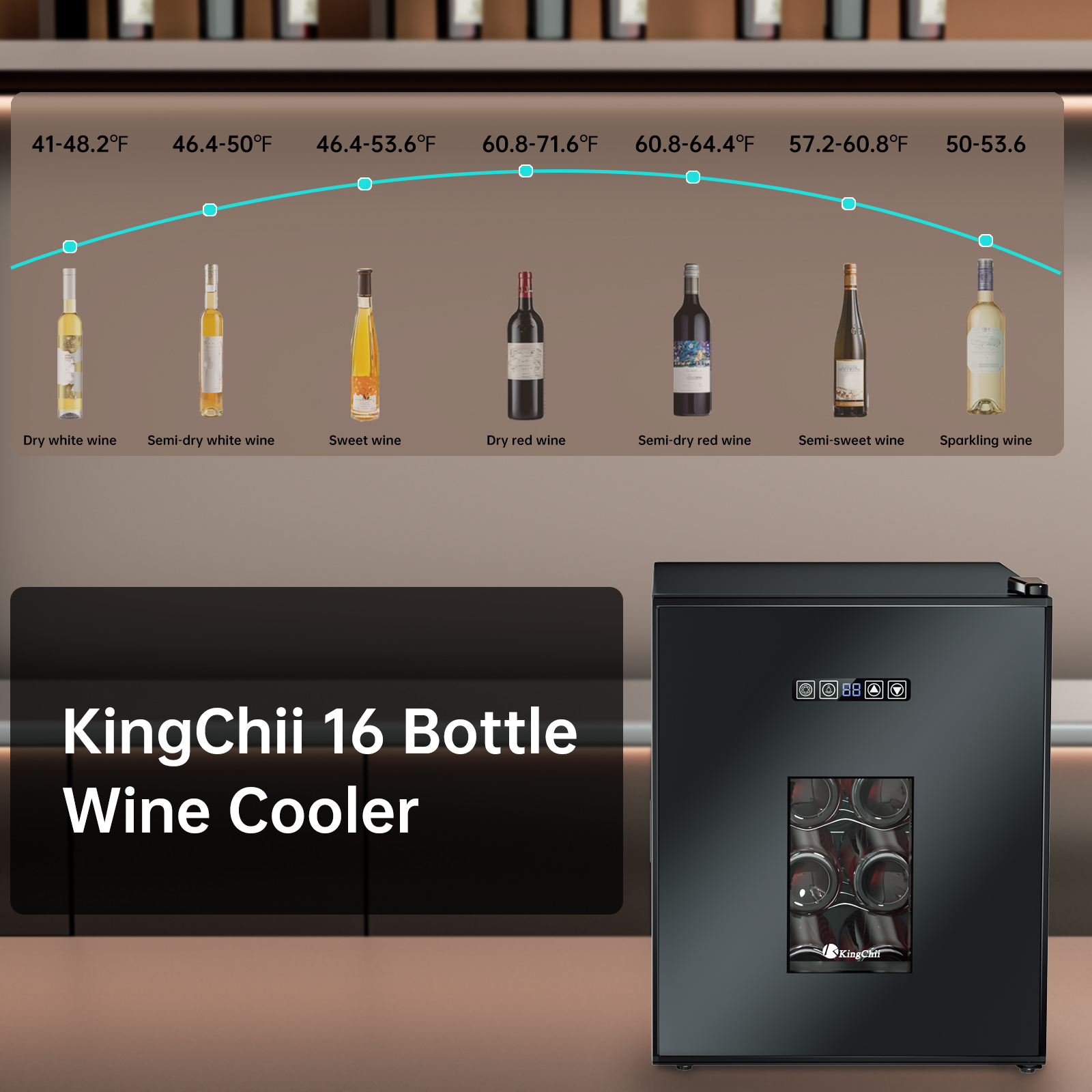 KingChii® 16 Bottles Wine Cooler, Freestanding Wine Fridge with Glass Door, Adjustable Shelves & Digital Temperature Display Wine Refrigerator for Red, White, Champagne - Perfect for Home, Kitchen, Bar