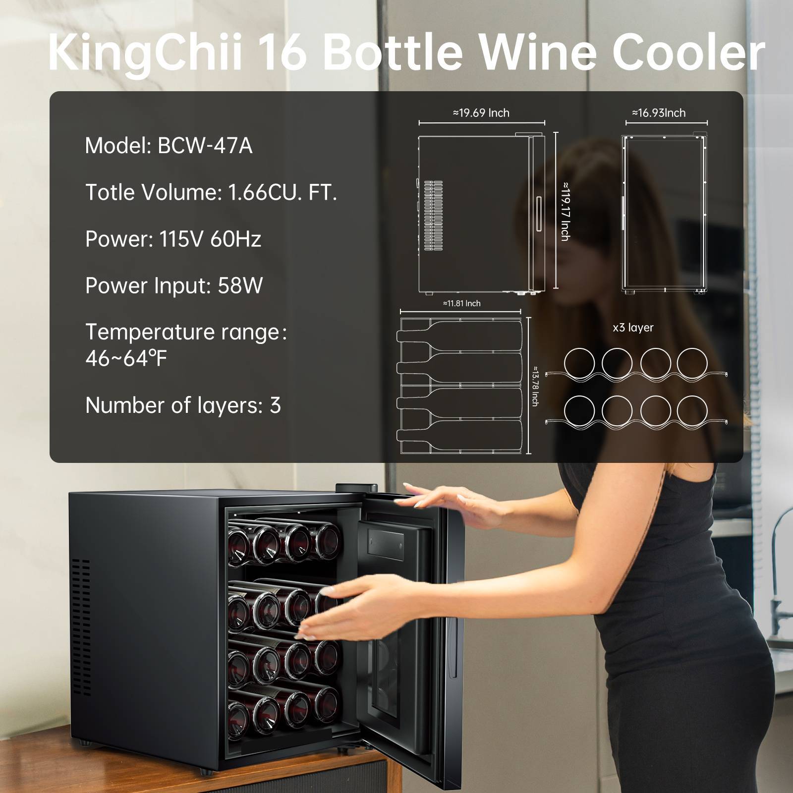 KingChii® 16 Bottles Wine Cooler, Freestanding Wine Fridge with Glass Door, Adjustable Shelves & Digital Temperature Display Wine Refrigerator for Red, White, Champagne - Perfect for Home, Kitchen, Bar
