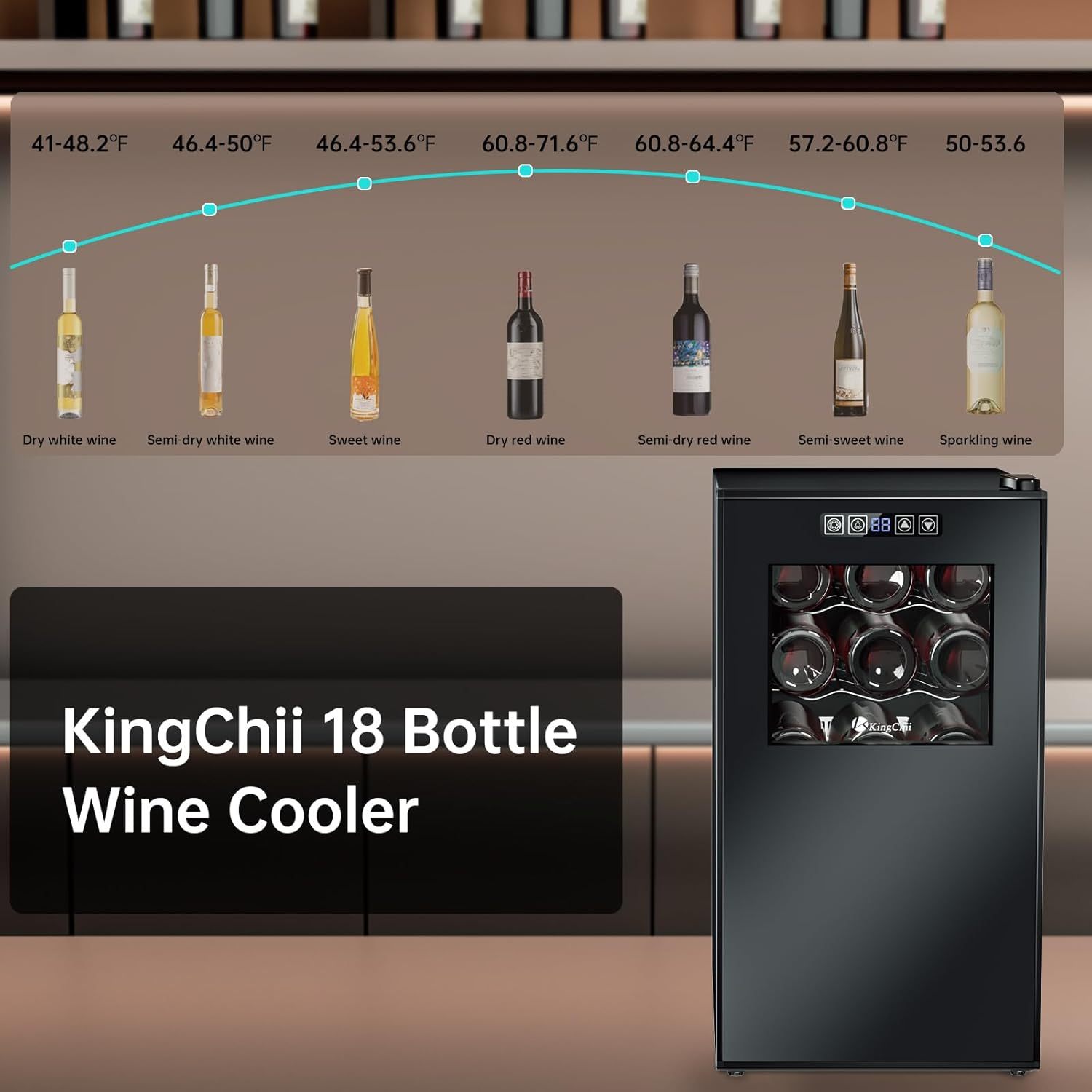 KingChii 18 Bottle Wine Cooler, Freestanding Wine Fridge with Glass Door, Adjustable Shelves & Digital Temperature Display Wine Refrigerator for Red, White, Champagne - Perfect for Home, Kitchen, Bar