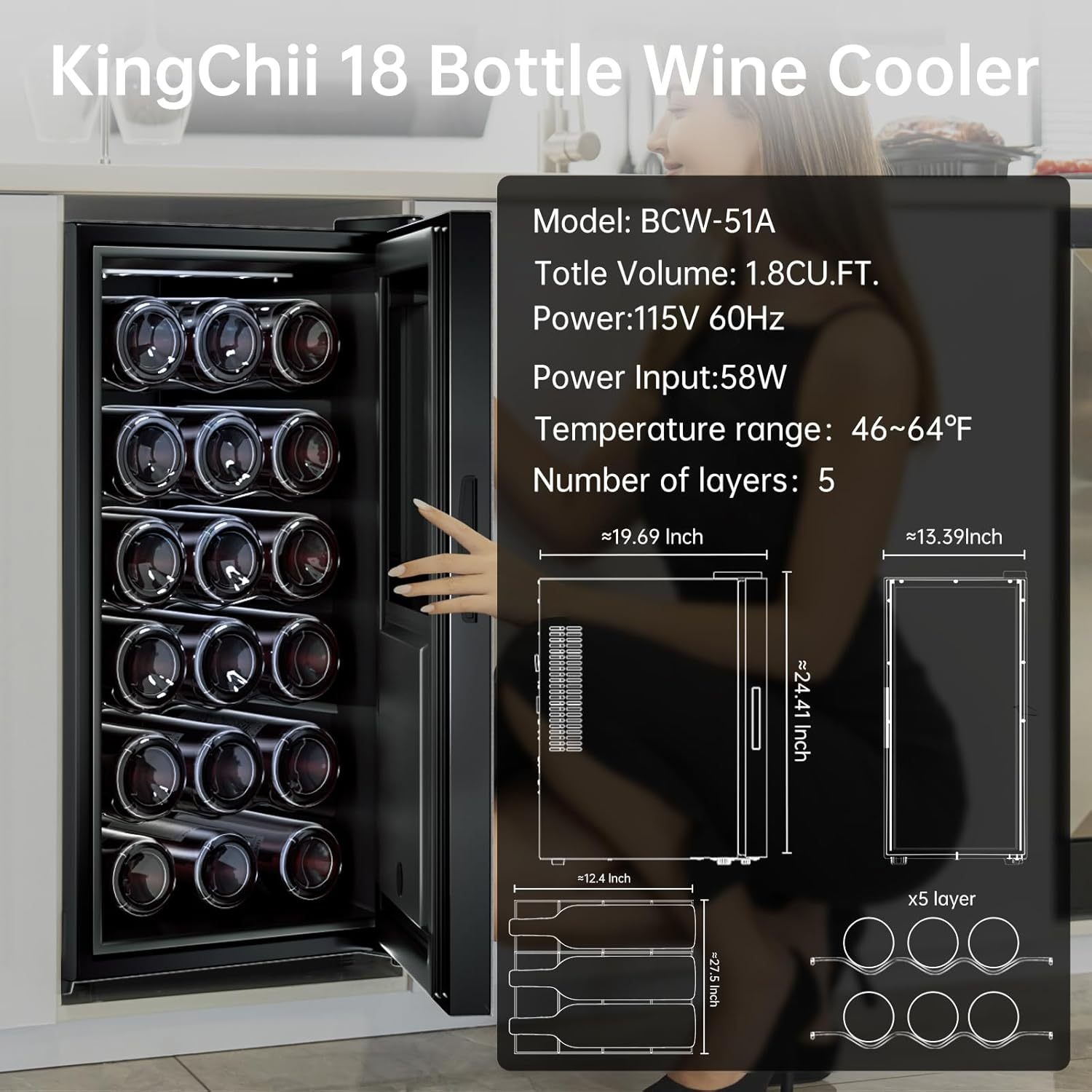 KingChii 18 Bottle Wine Cooler, Freestanding Wine Fridge with Glass Door, Adjustable Shelves & Digital Temperature Display Wine Refrigerator for Red, White, Champagne - Perfect for Home, Kitchen, Bar