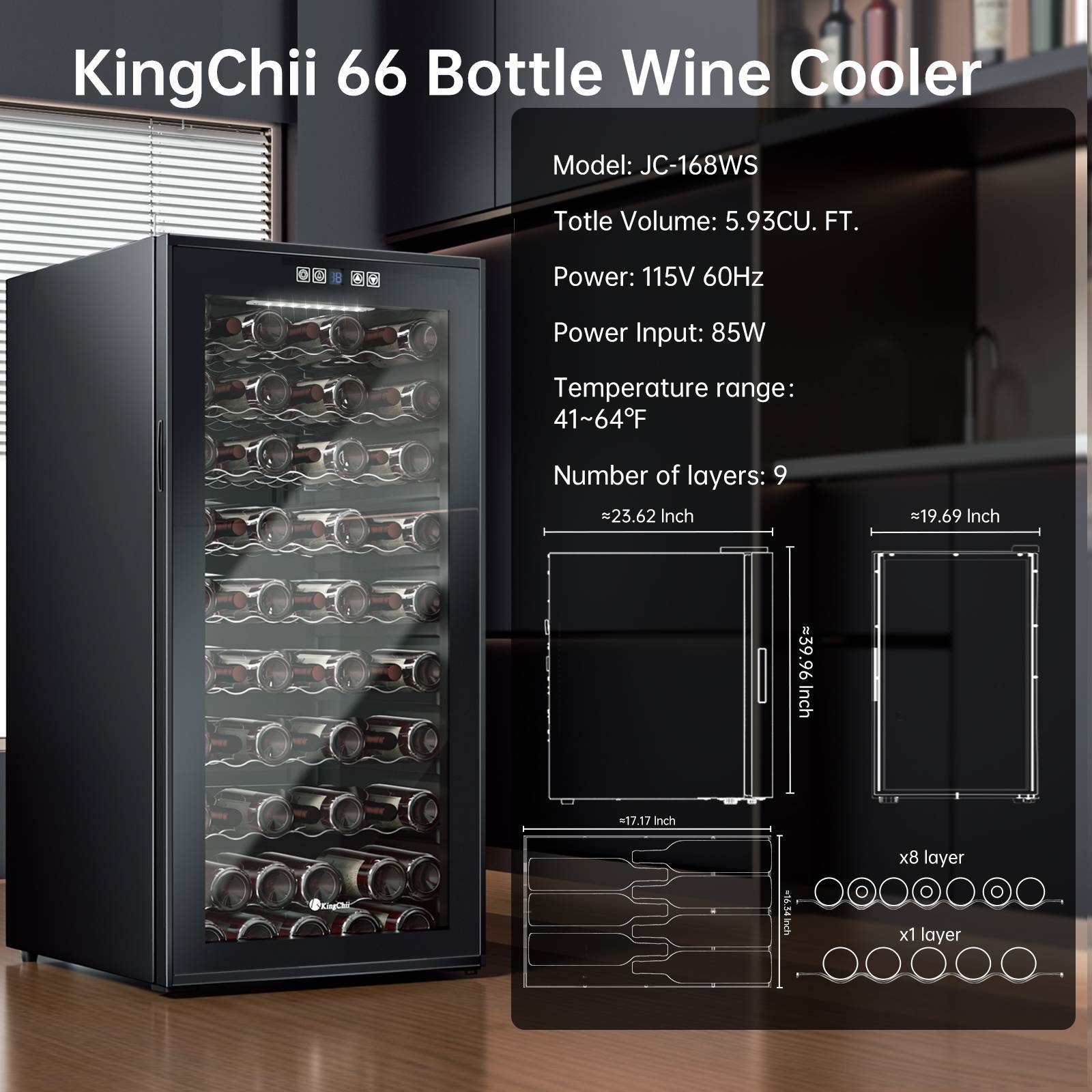 KingChii® 66 Bottles Wine Cooler Refrigerator - Intelligent Digital Control Wine Fridge, Low Noise Operation, Built-in or Freestanding Wine Refrigerator for Home and Kitchen