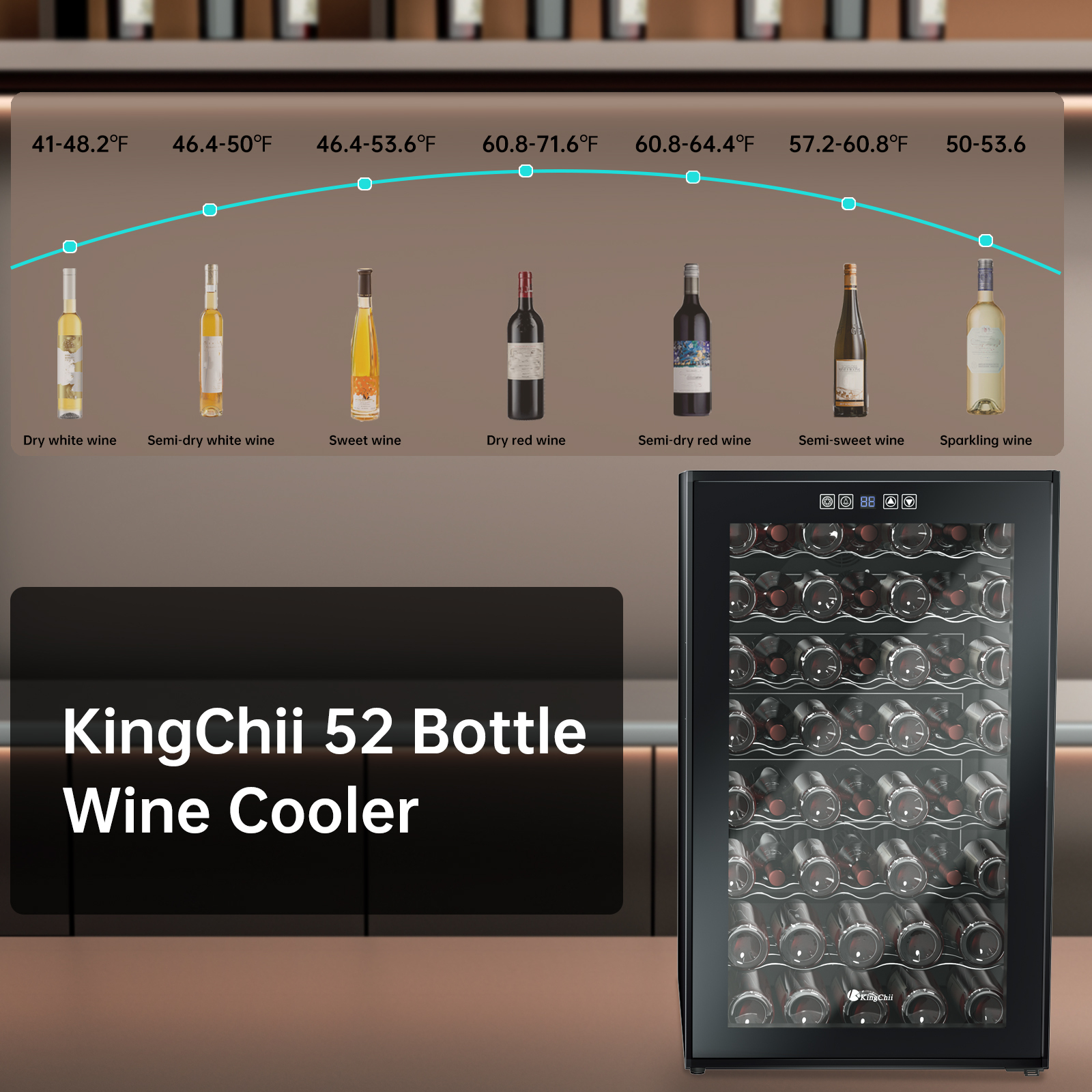 KingChii® 52 Bottles Wine Cooler Refrigerator - Intelligent Digital Control Wine Fridge, Low Noise Operation, Built-in or Freestanding Wine Refrigerator for Home and Kitchen