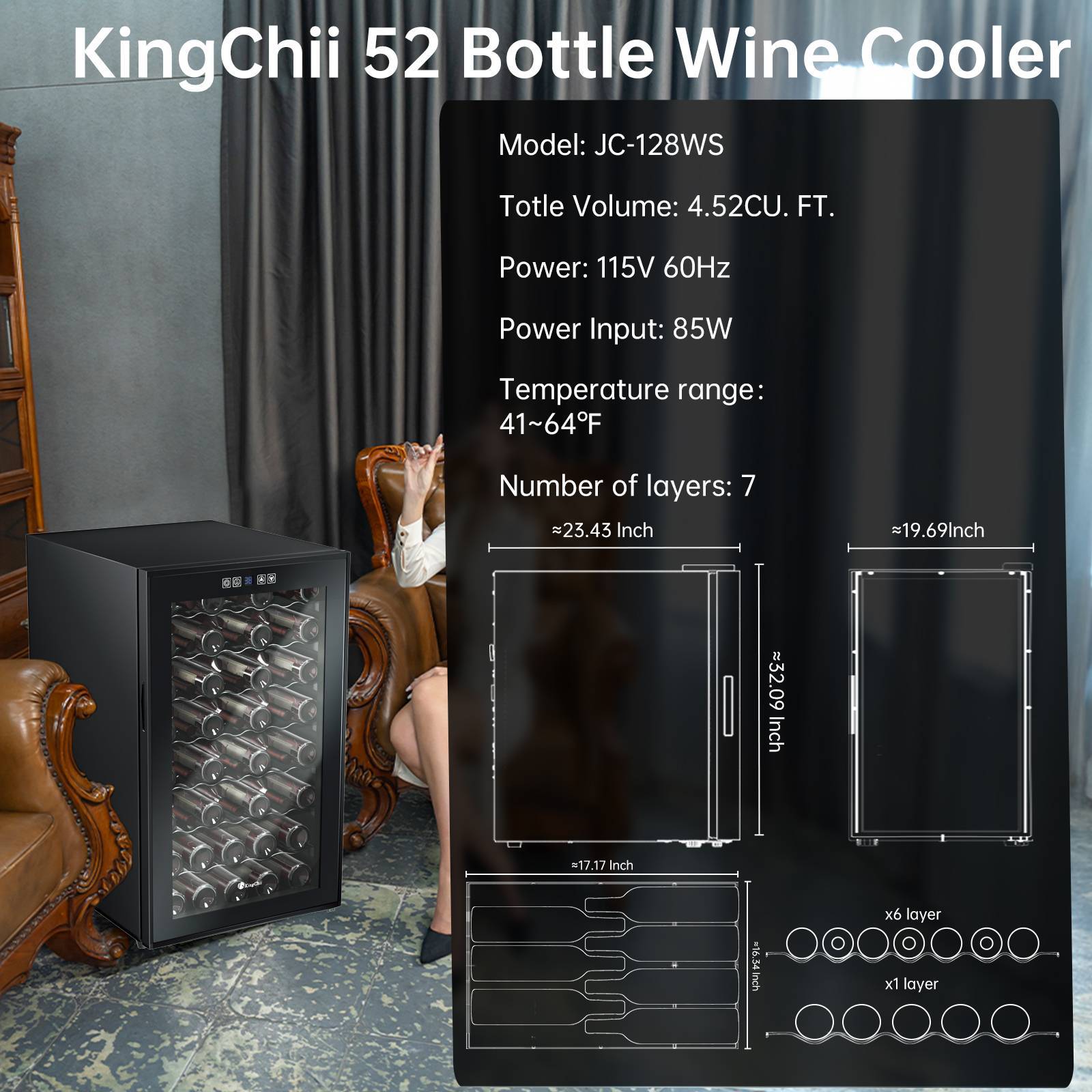 KingChii® 52 Bottles Wine Cooler Refrigerator - Intelligent Digital Control Wine Fridge, Low Noise Operation, Built-in or Freestanding Wine Refrigerator for Home and Kitchen