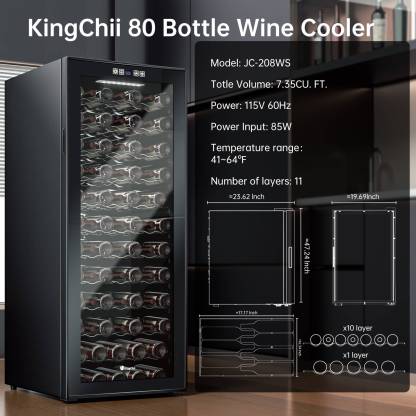 KingChii® 80 Bottles Wine Cooler Refrigerator - Intelligent Digital Control Wine Fridge, Low Noise Operation, Built-in or Freestanding Wine Refrigerator for Home and Kitchen