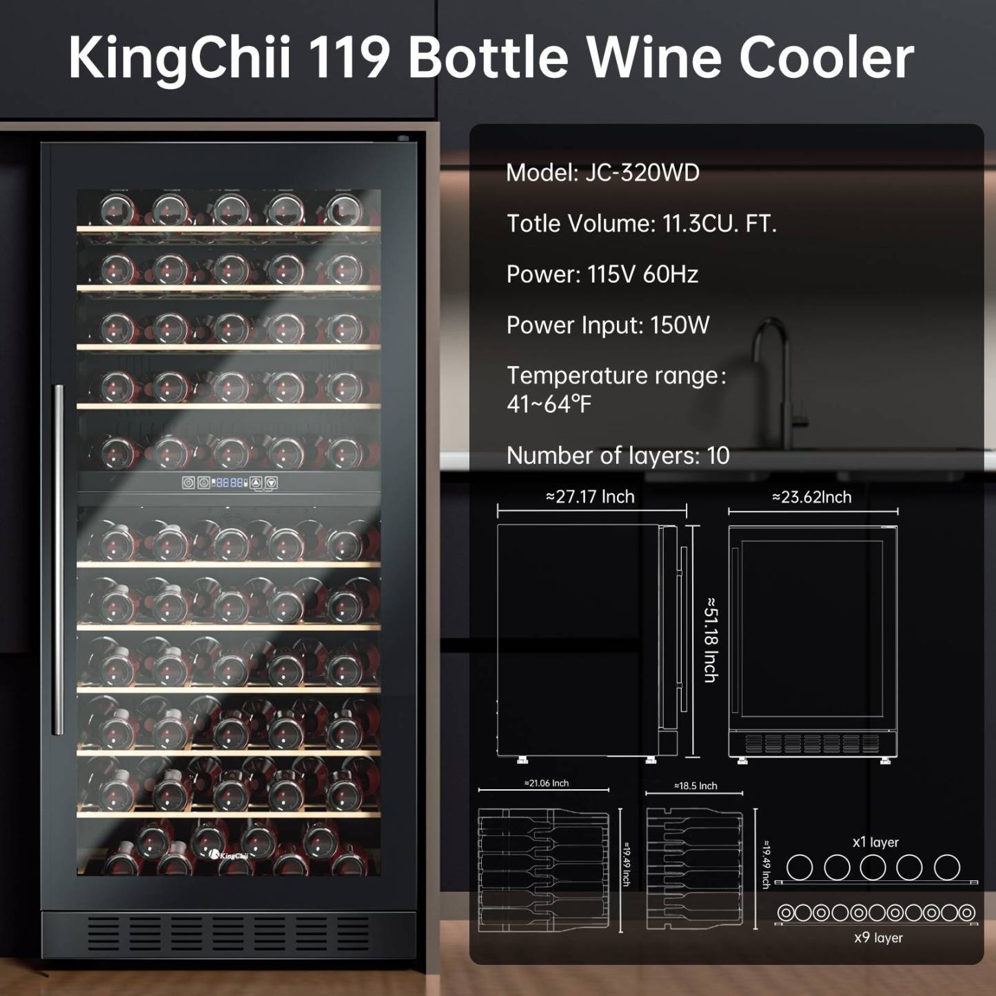 KingChii® 119 Bottles Wine Cooler Refrigerator Dual Zone Wine Fridge with Professional Compressor - Stainless Steel & Tempered Glass, Built-in or Freestanding for Home, Office, Kitchen