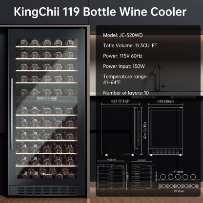 KingChii® 119 Bottles Wine Cooler Refrigerator Dual Zone Wine Fridge with Professional Compressor - Stainless Steel & Tempered Glass, Built-in or Freestanding for Home, Office, Kitchen