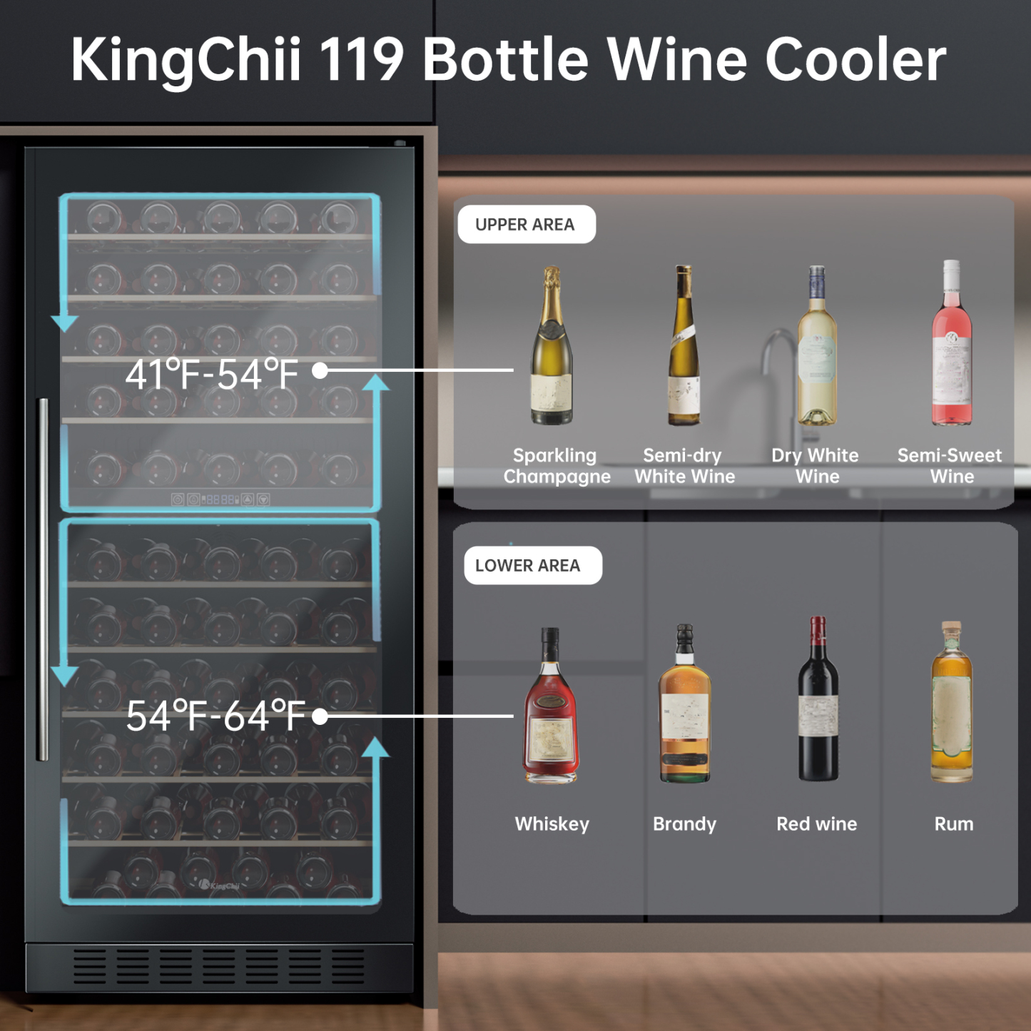 KingChii® 119 Bottles Wine Cooler Refrigerator Dual Zone Wine Fridge with Professional Compressor - Stainless Steel & Tempered Glass, Built-in or Freestanding for Home, Office, Kitchen