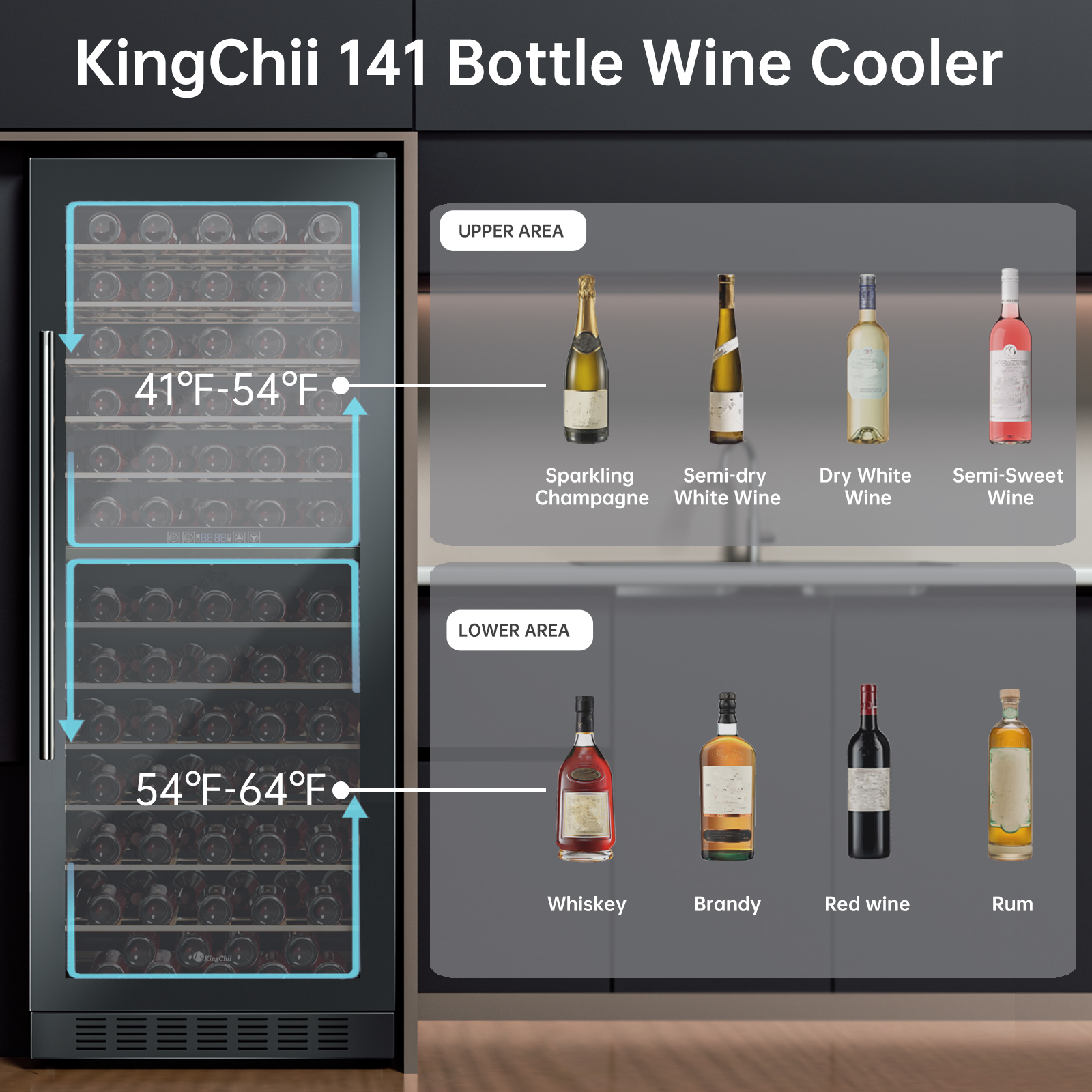 KingChii® 141 Bottles Wine Cooler Refrigerator Dual Zone Wine Fridge with Professional Compressor - Stainless Steel & Tempered Glass, Built-in or Freestanding for Home, Office, Kitchen