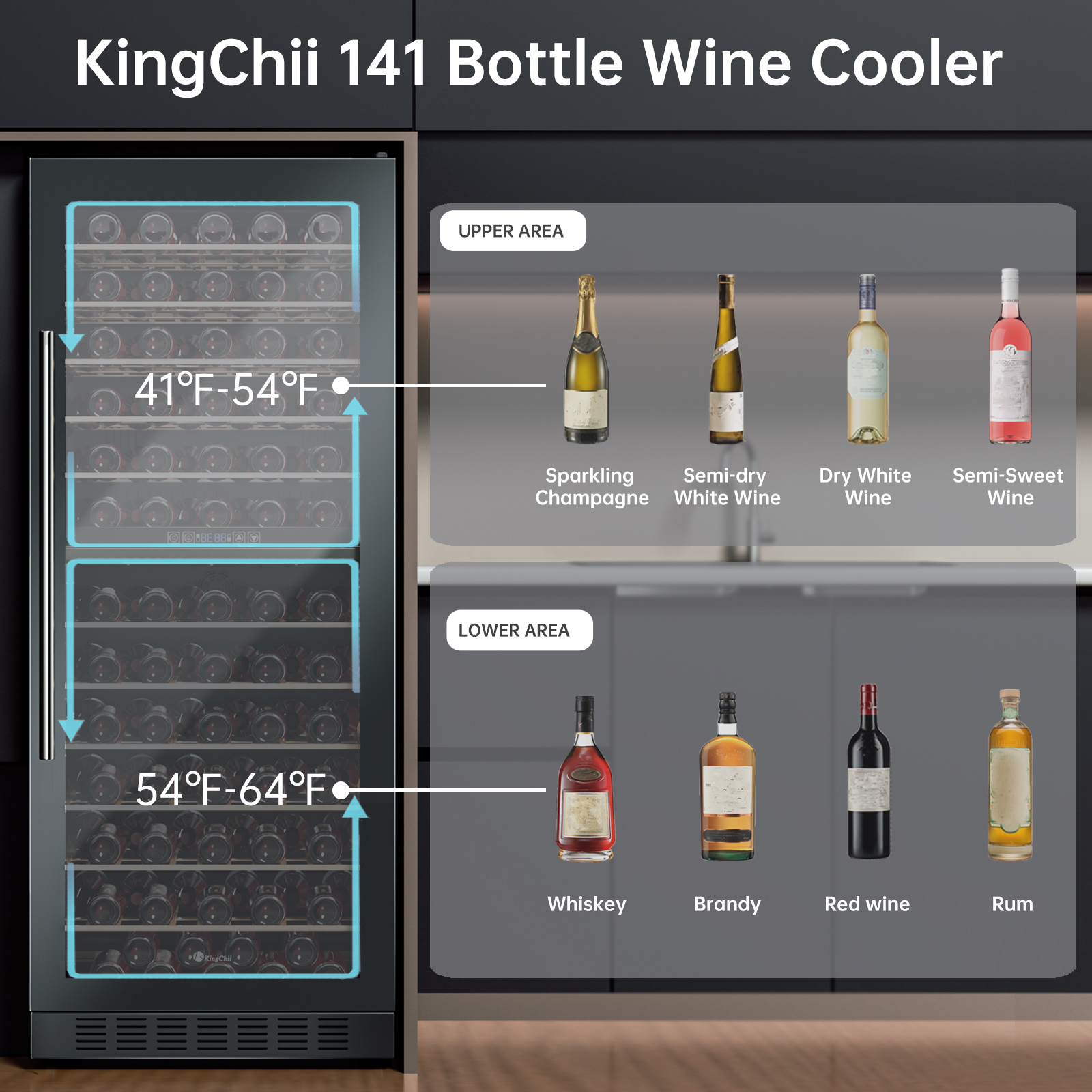 KingChii® 141 Bottles Wine Cooler Refrigerator Dual Zone Wine Fridge with Professional Compressor - Stainless Steel & Tempered Glass, Built-in or Freestanding for Home, Office, Kitchen