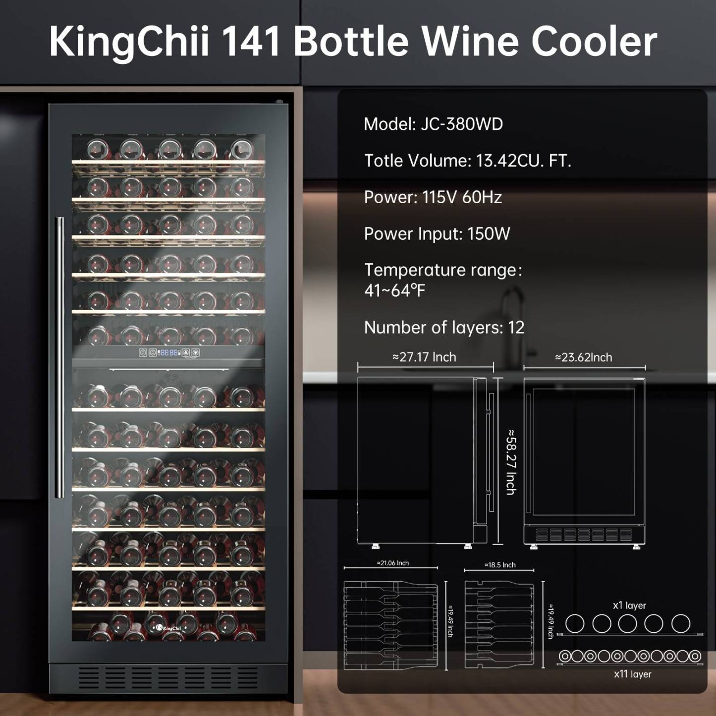 KingChii® 141 Bottles Wine Cooler Refrigerator Dual Zone Wine Fridge with Professional Compressor - Stainless Steel & Tempered Glass, Built-in or Freestanding for Home, Office, Kitchen