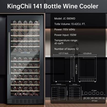 KingChii® 141 Bottles Wine Cooler Refrigerator Dual Zone Wine Fridge with Professional Compressor - Stainless Steel & Tempered Glass, Built-in or Freestanding for Home, Office, Kitchen
