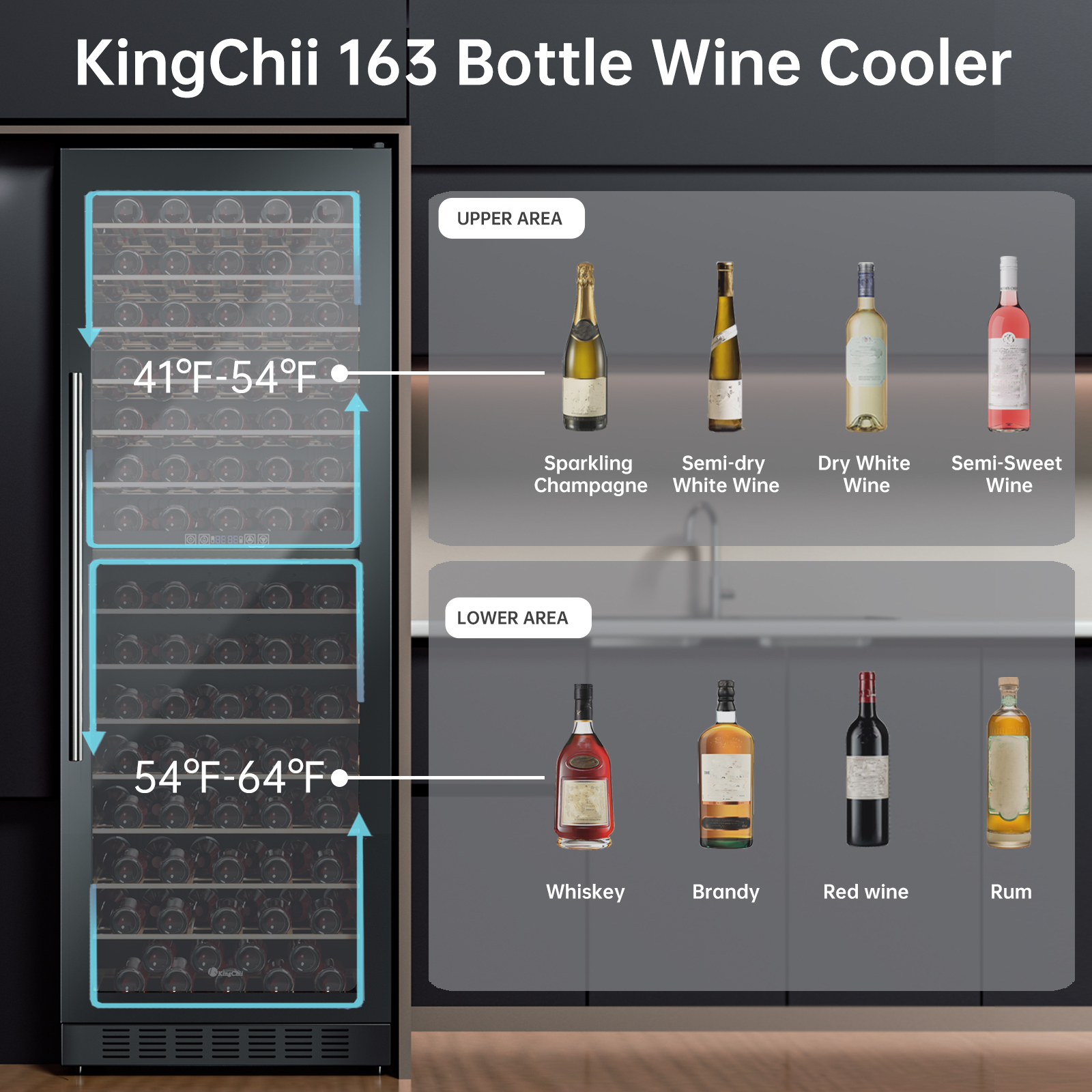 KingChii® 163 Bottles Wine Cooler Refrigerator Dual Zone Wine Fridge with Professional Compressor - Stainless Steel & Tempered Glass, Built-in or Freestanding for Home, Office, Kitchen®
