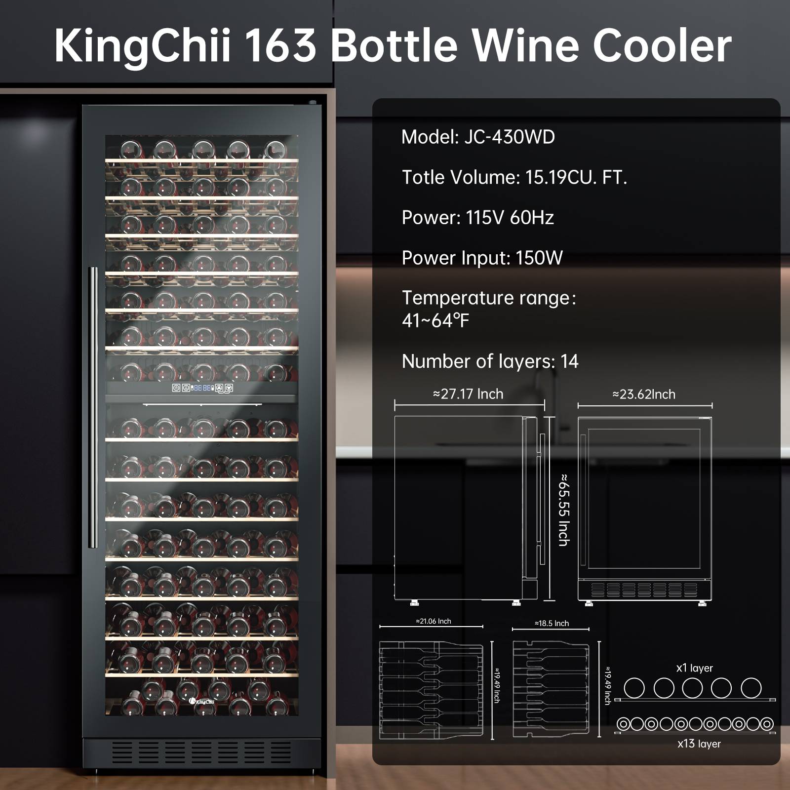 KingChii® 163 Bottles Wine Cooler Refrigerator Dual Zone Wine Fridge with Professional Compressor - Stainless Steel & Tempered Glass, Built-in or Freestanding for Home, Office, Kitchen®