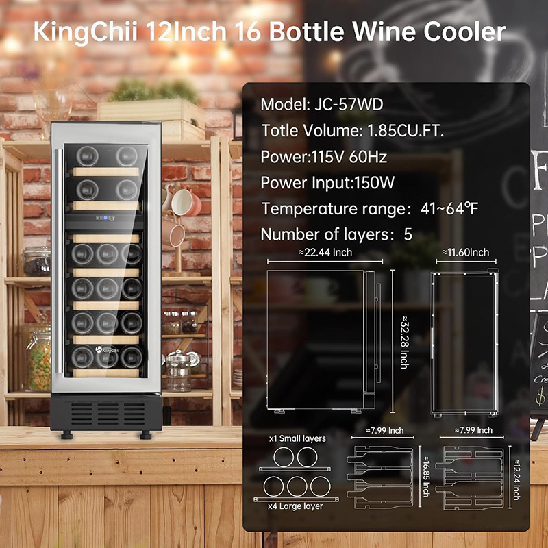 KingChii® 12 Inch 16 Bottles Dual Zone Wine Cooler Refrigerator Professional Compressor, Stainless Steel & Tempered Glass For Red Wine, Champagne - Built-in or Freestanding for Home, Kitchen, or Office