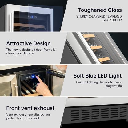 KingChii® 24 Inch 34 Bottles Dual Zone Wine Cooler Refrigerator Professional Compressor, Stainless Steel & Tempered Glass For Red Wine, Champagne - Built-in or Freestanding for Home, Office, Kitchen