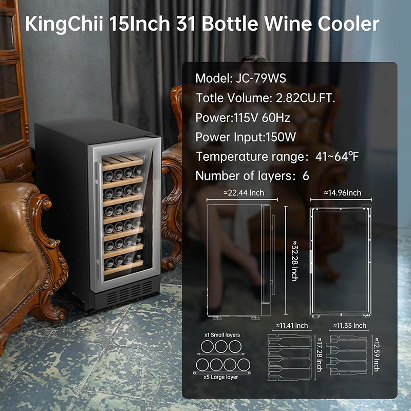 KingChii® 15 Inch 31 Bottles Wine Cooler Refrigerator Professional Compressor, Stainless Steel & Tempered Glass For Red Wine, Champagne - Built-in or Freestanding for Kitchen, Home, or Office