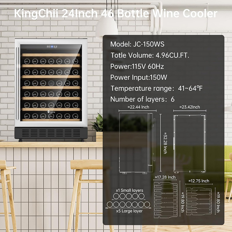 KingChii® 24 Inch 46 Bottles Wine Cooler Refrigerator Professional Compressor, Stainless Steel & Tempered Glass For Red Wine, Champagne - Built-in or Freestanding for Home, Kitchen, or Office