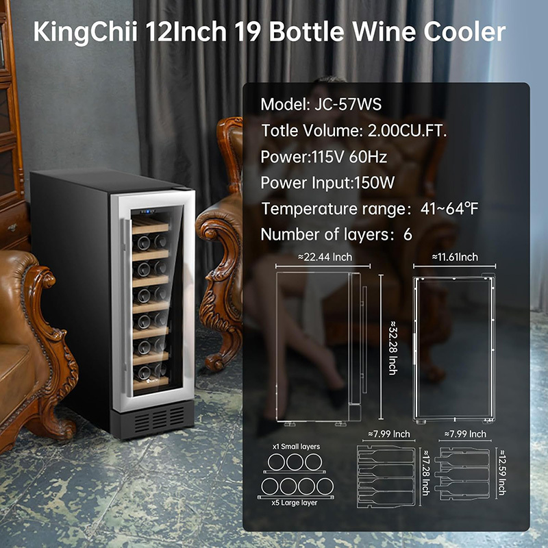 KingChii® 12 Inch 19 Bottles Wine Cooler Refrigerator Professional Compressor, Stainless Steel & Tempered Glass For Red Wine, Champagne - Built-in or Freestanding for Home, Kitchen, or Office
