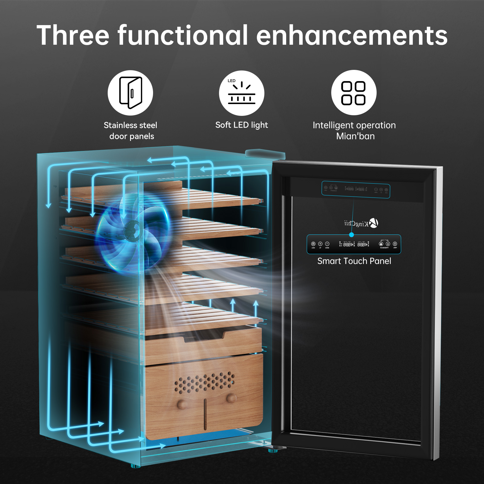 KingChii® Upgrade 82L Electric Cigar Humidor Temperature & Humidity Control, Built-in Humidification System with Spanish Cedar Wood Shelves & Drawer Hygrometer Father's Day Gifts for Men(600 Capacity)