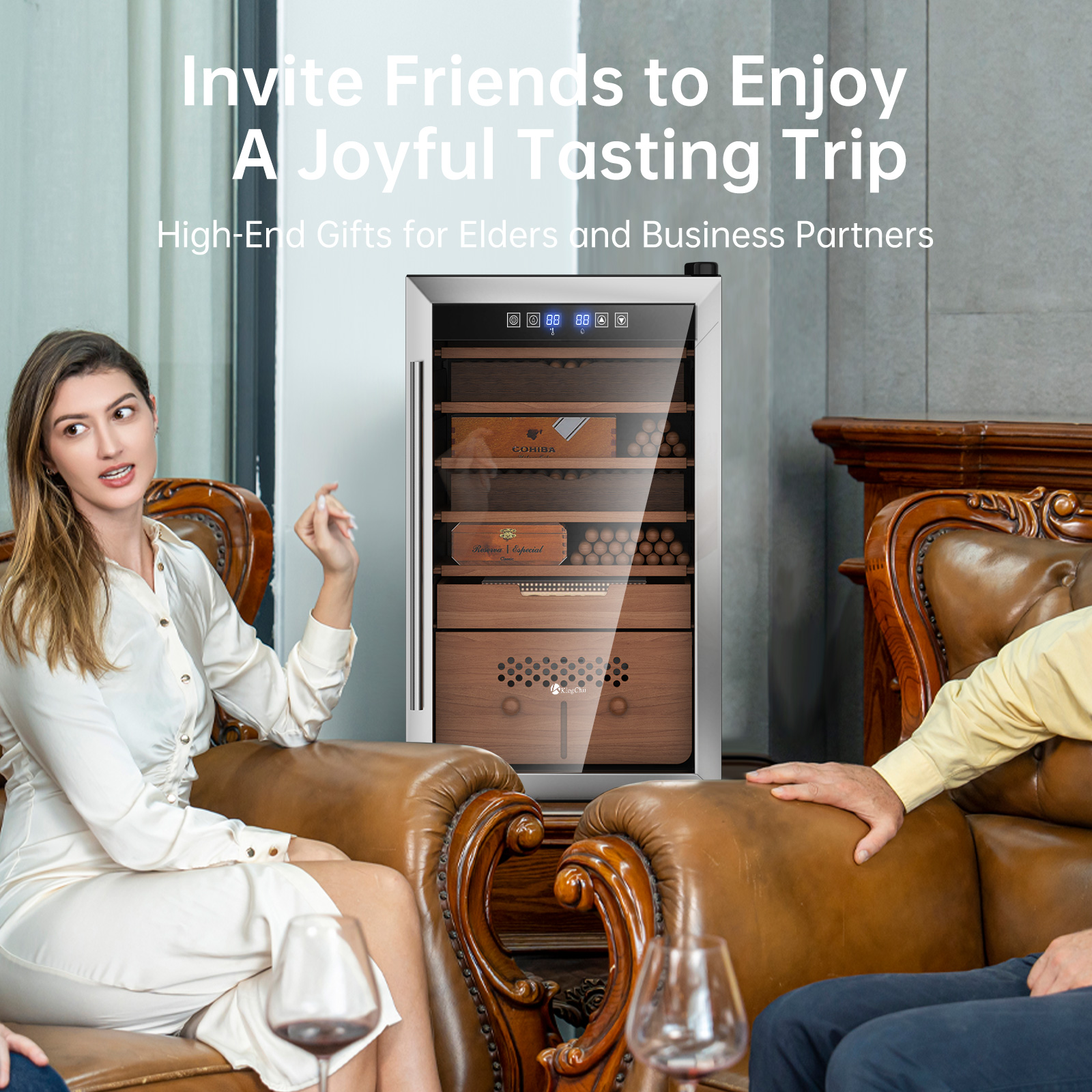 KingChii® Upgrade 82L Electric Cigar Humidor Temperature & Humidity Control, Built-in Humidification System with Spanish Cedar Wood Shelves & Drawer Hygrometer Father's Day Gifts for Men(600 Capacity)