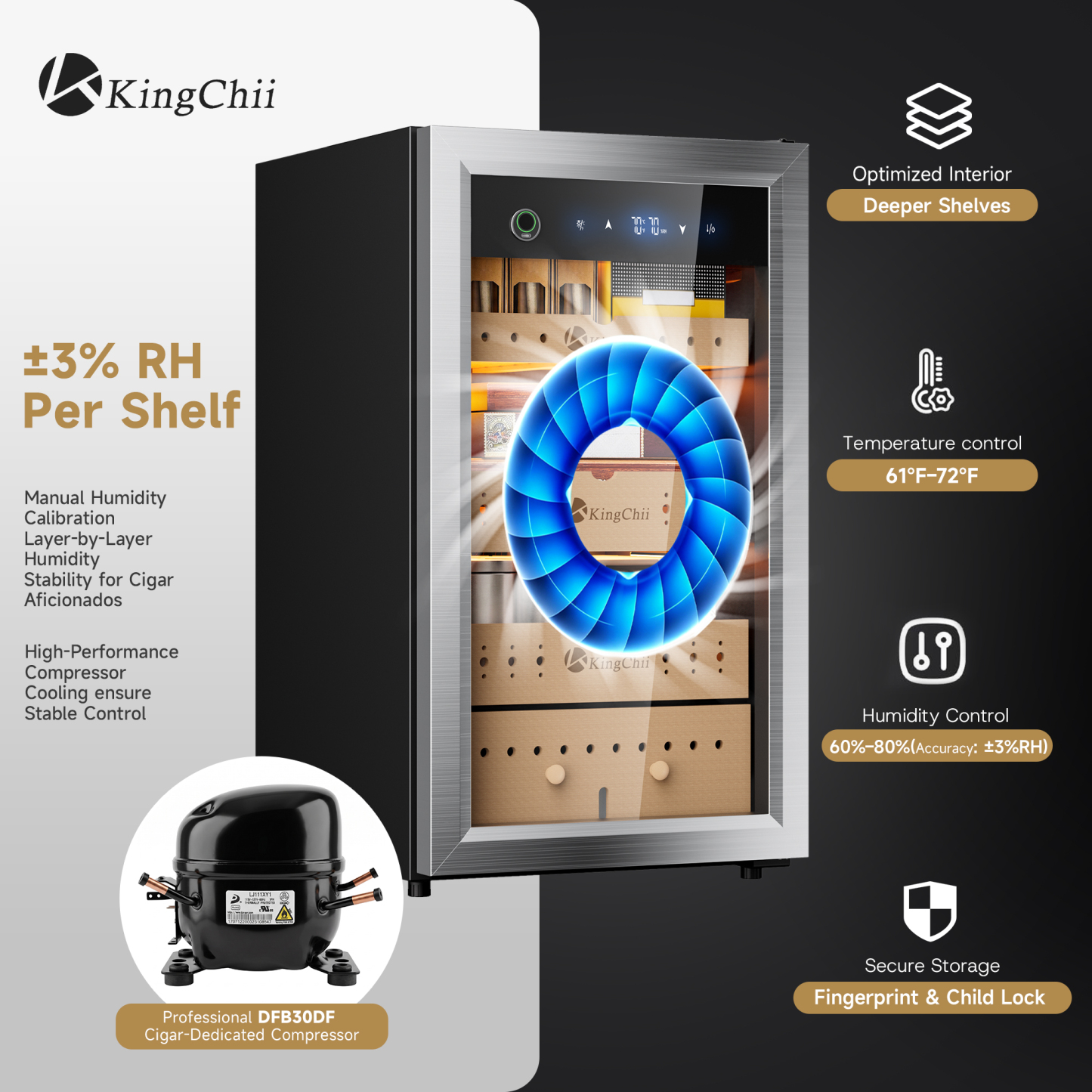 KingChii Pro 80L Compressor Cigar Humidor with Temp & Humidity Control, 600-Cigar Capacity