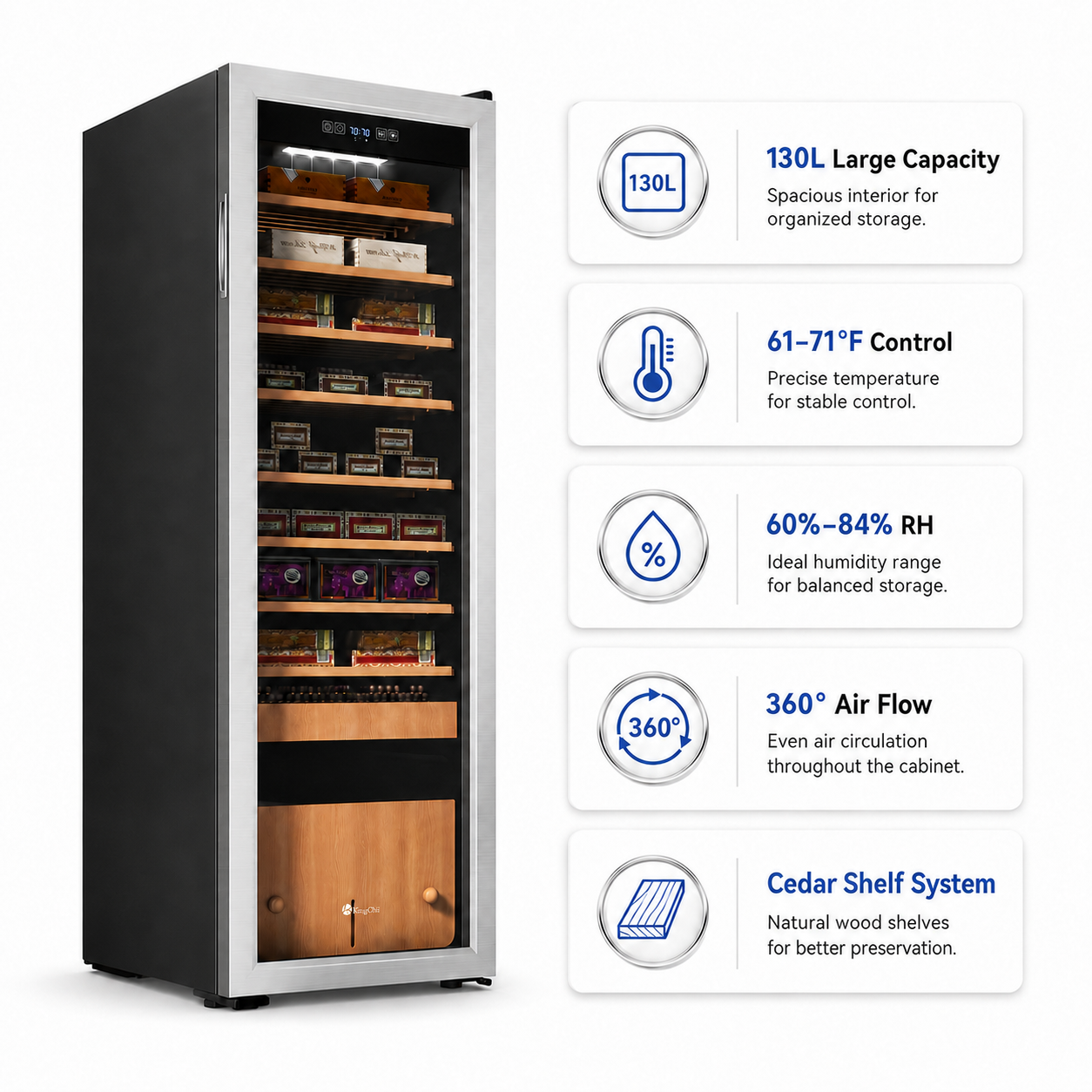 KingChii 130L Temp & Humidity Control Cigar Humidor, 1100-Cigar Capacity 