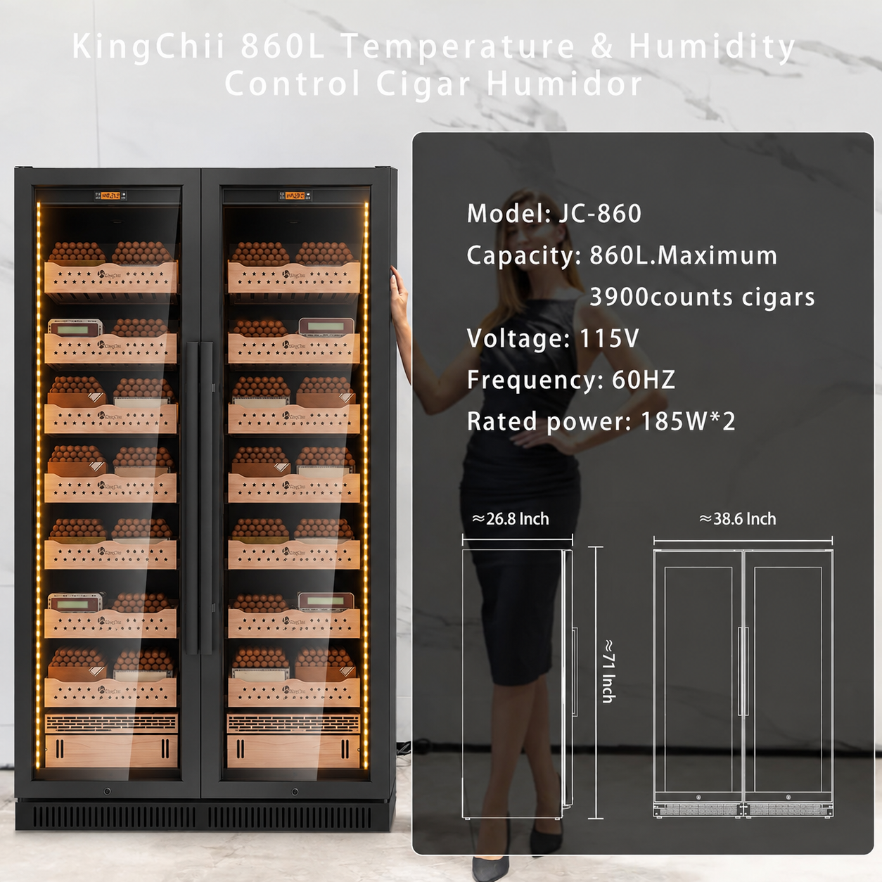 Open-door view of the KingChii 860L commercial cigar humidor