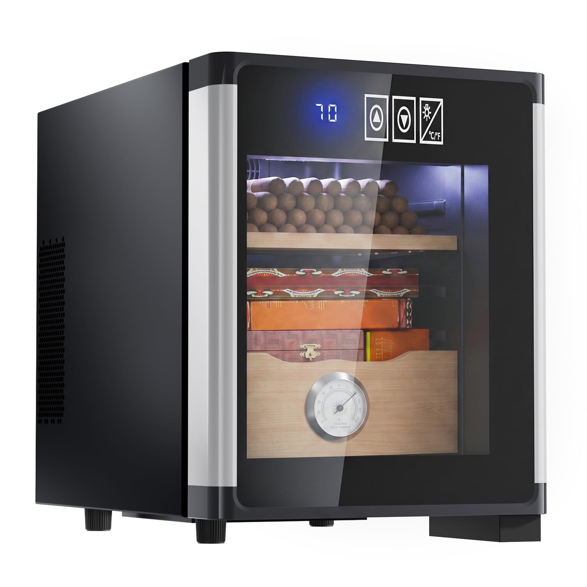 KingChii 8L Electric Cigar Humidor with New Shape Design, Digital Temperature Control Cabinet, Spanish Cedar Shelves & Hygrometer - 80 Capacity (2 Layers)