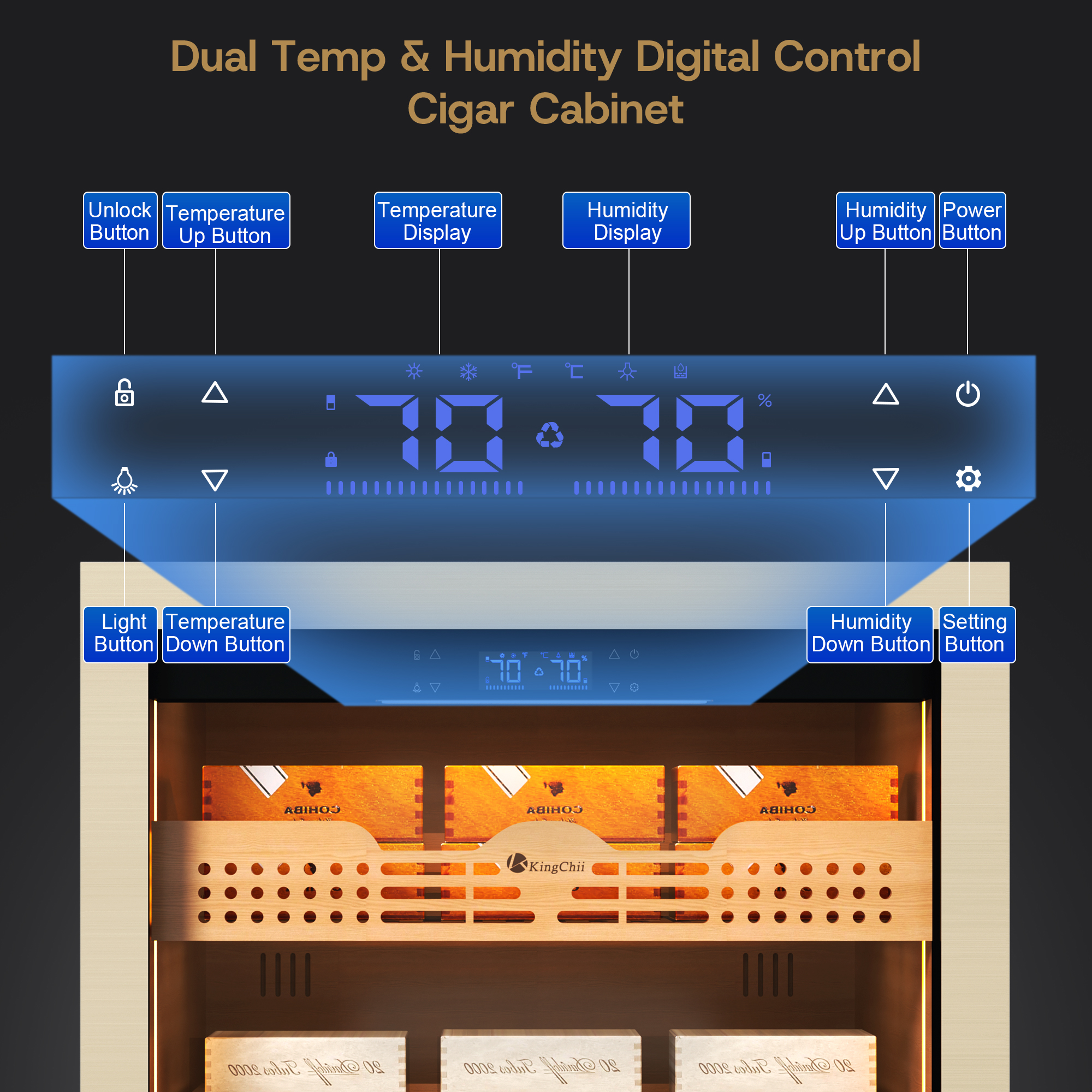 KingChii BXW-608 475L Premium Gold Cigar Humidor Cabinet with Temperature & Humidity Control