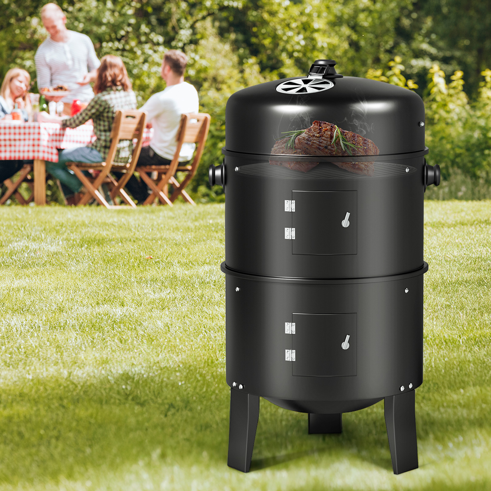 KingChii 3 in 1 Vertical Charcoal Smoker Grill BBQ Smoker for Outdoor, Patio Backyard Camping, Black