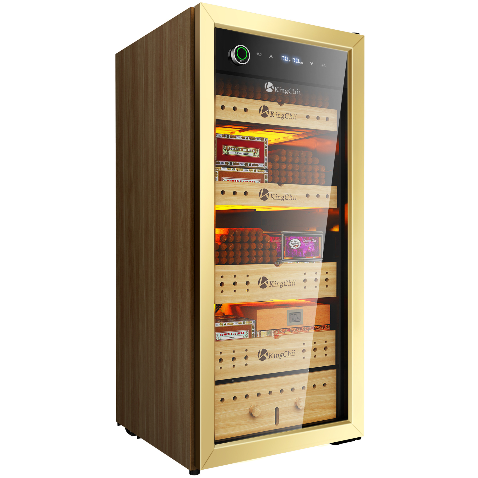 KingChii 105L gold electric cigar humidor with Spanish cedar shelves