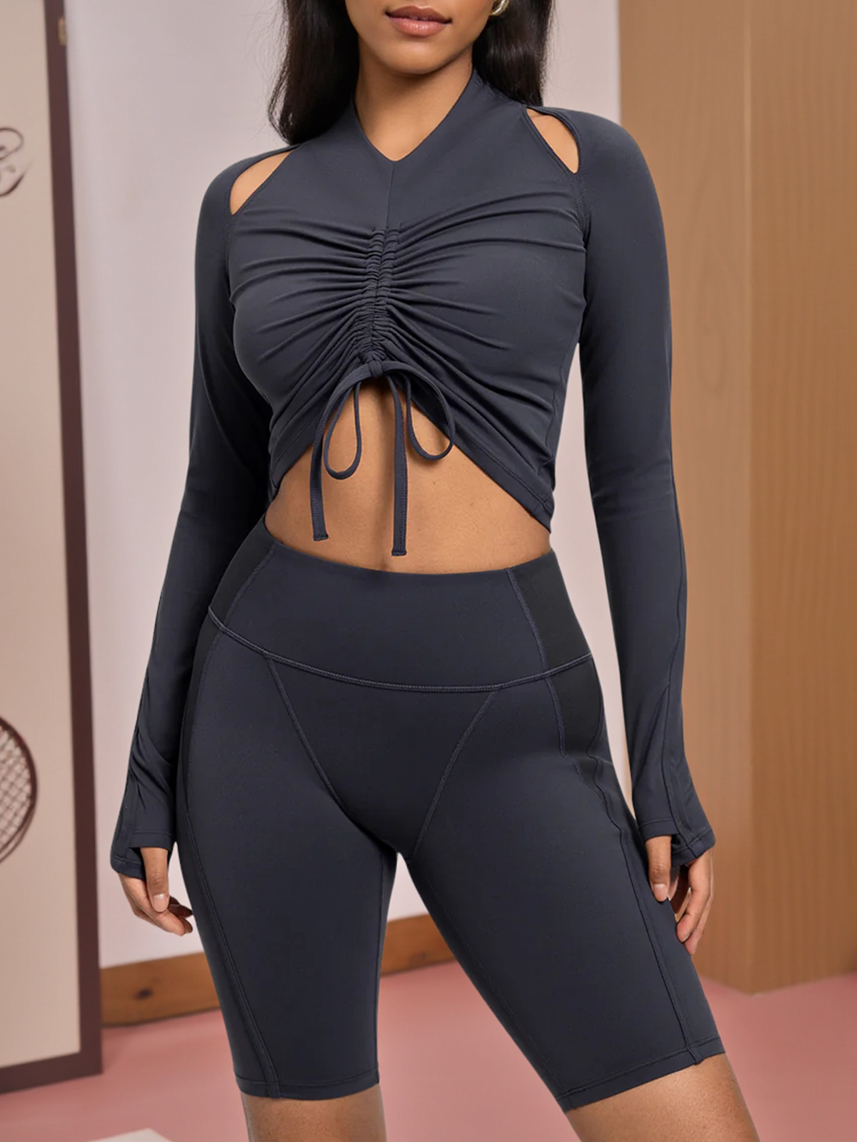 Long Sleeve Ruched Workout Slim Fit Cropped Tops
