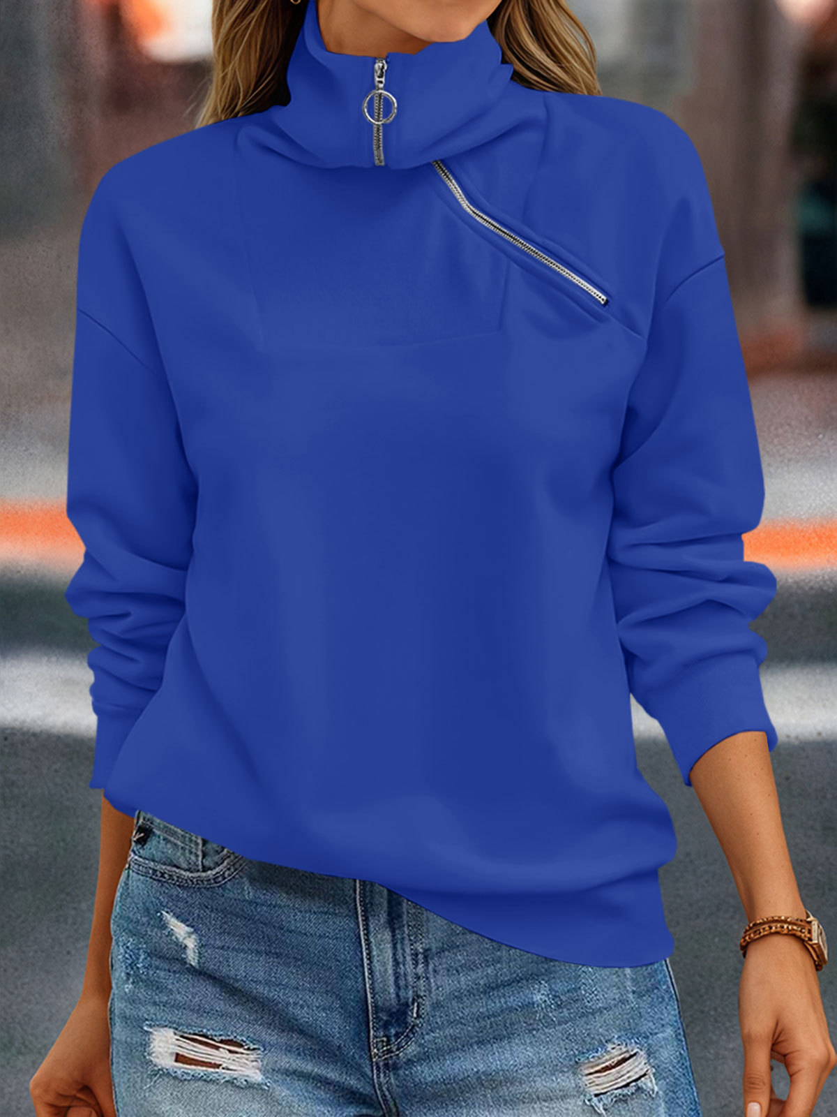 Casual Zipper Long Sleeve Turtleneck Loose Sweatshirt