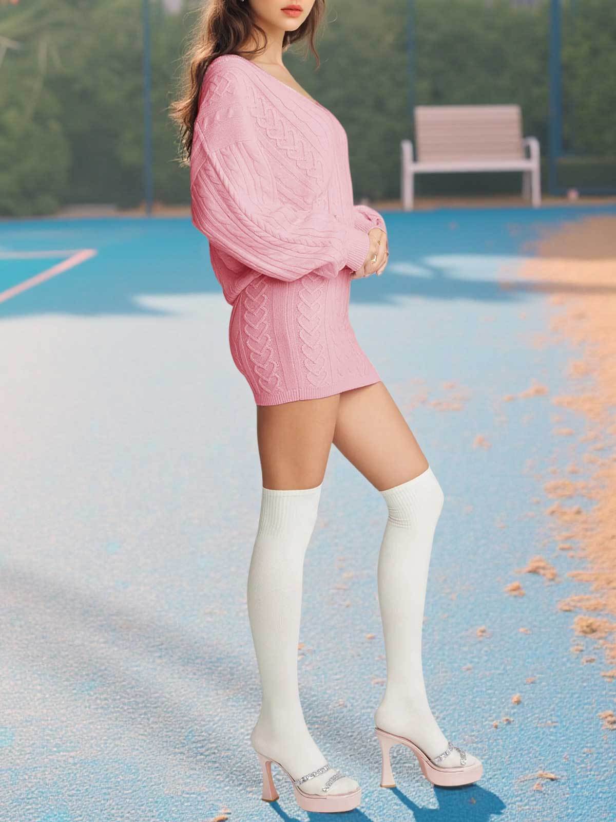 Cable Knit Puff Sleeve Sweater Dress