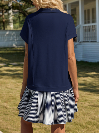 Patchwork Polo V Neck Striped Mini Dresses