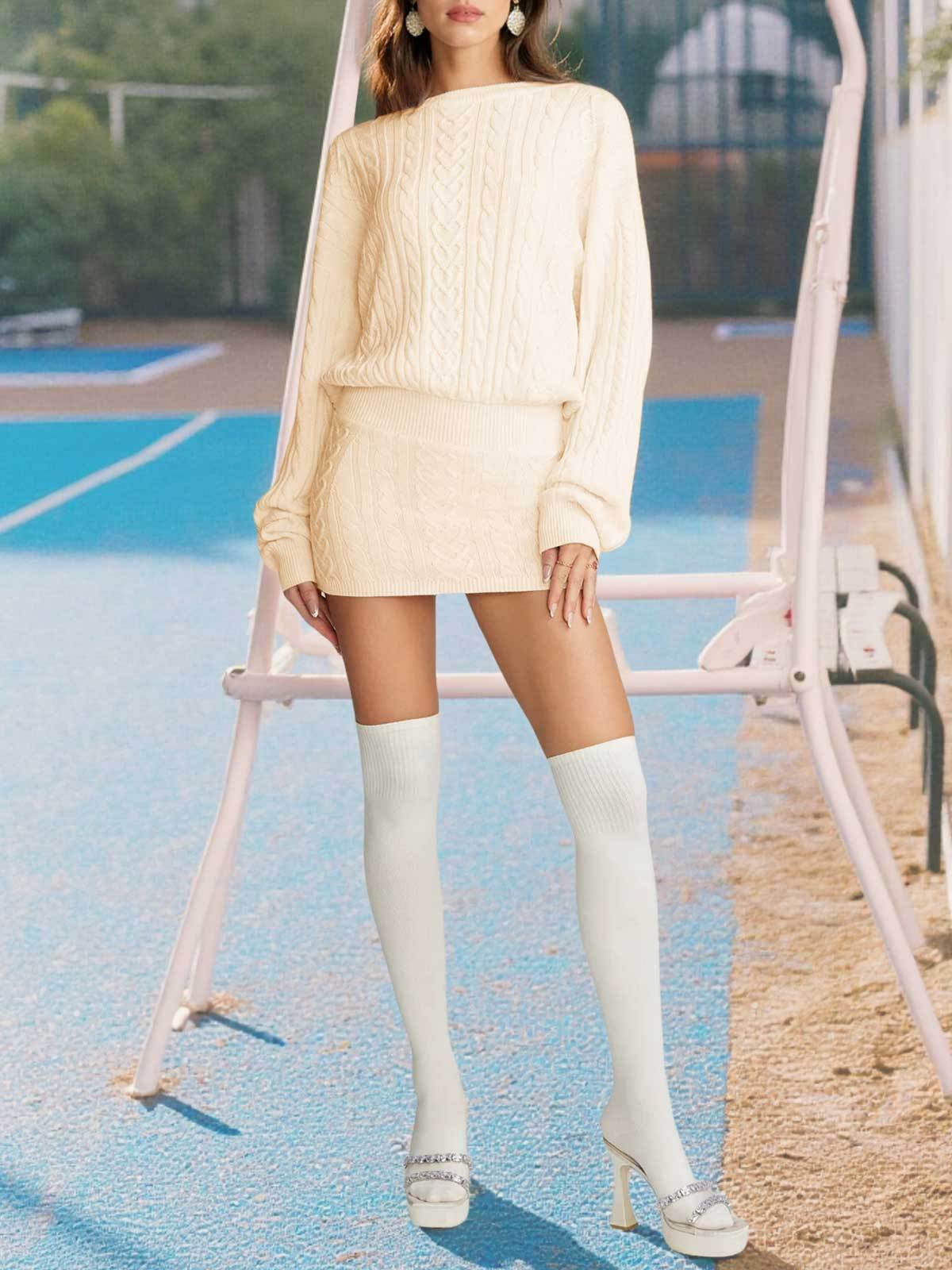 Cable Knit Puff Sleeve Sweater Dress